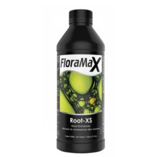 A 1-liter bottle of FloraMax Root-XS, a powerful root enhancer and stimulant formulated to promote explosive root growth and stronger plants for growers in New Zealand