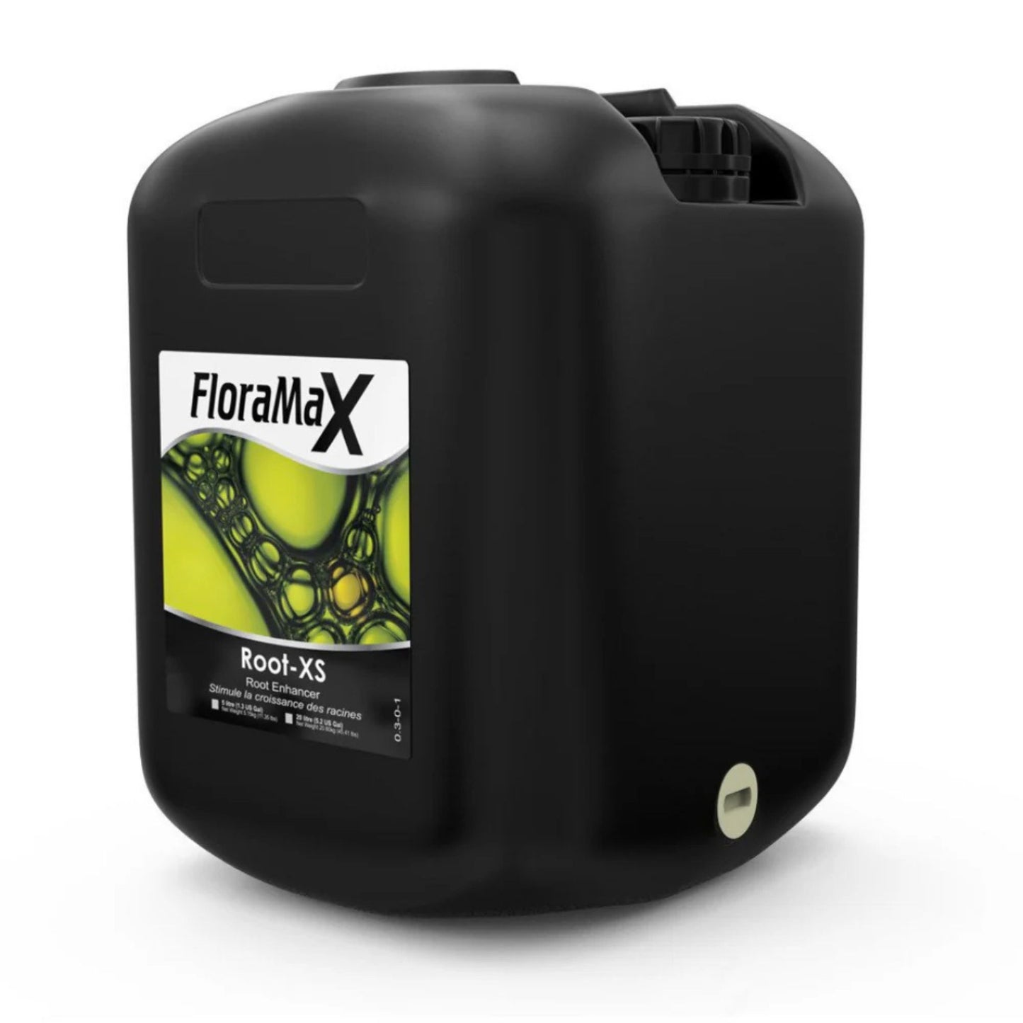 Large 20-liter container of FloraMax Root-XS, a high-performance root accelerator liquid that promotes massive root systems and enhances overall plant vigor for commercial growers in New Zealand