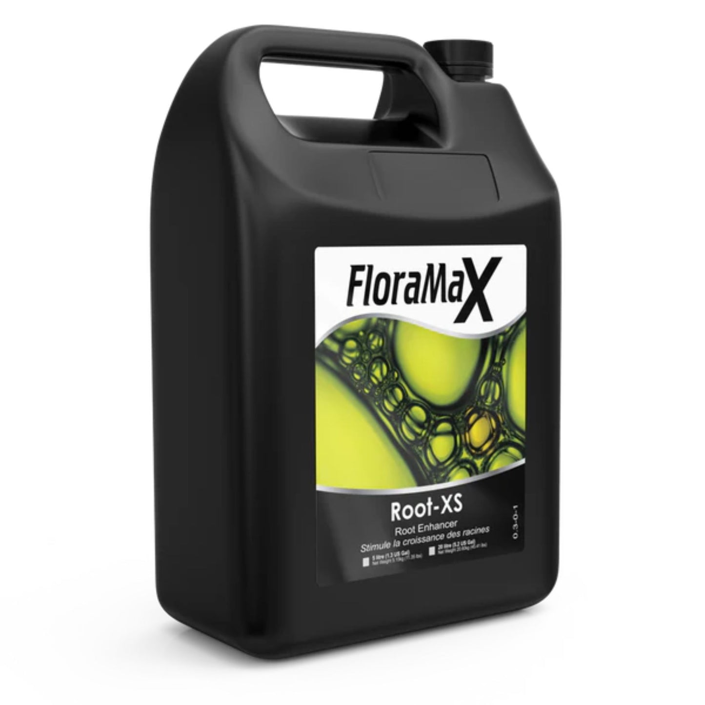 A 5-liter jug of FloraMax Root-XS, a concentrated rooting additive designed to accelerate root development and increase nutrient uptake in young plants for NZ hydroponics