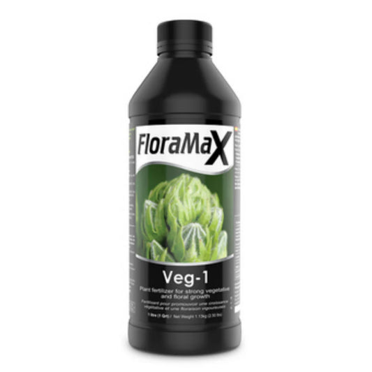 A 1-liter bottle of FloraMax Veg-1, a powerful plant fertilizer for strong vegetative and early floral growth, ideal for all grow systems in New Zealand