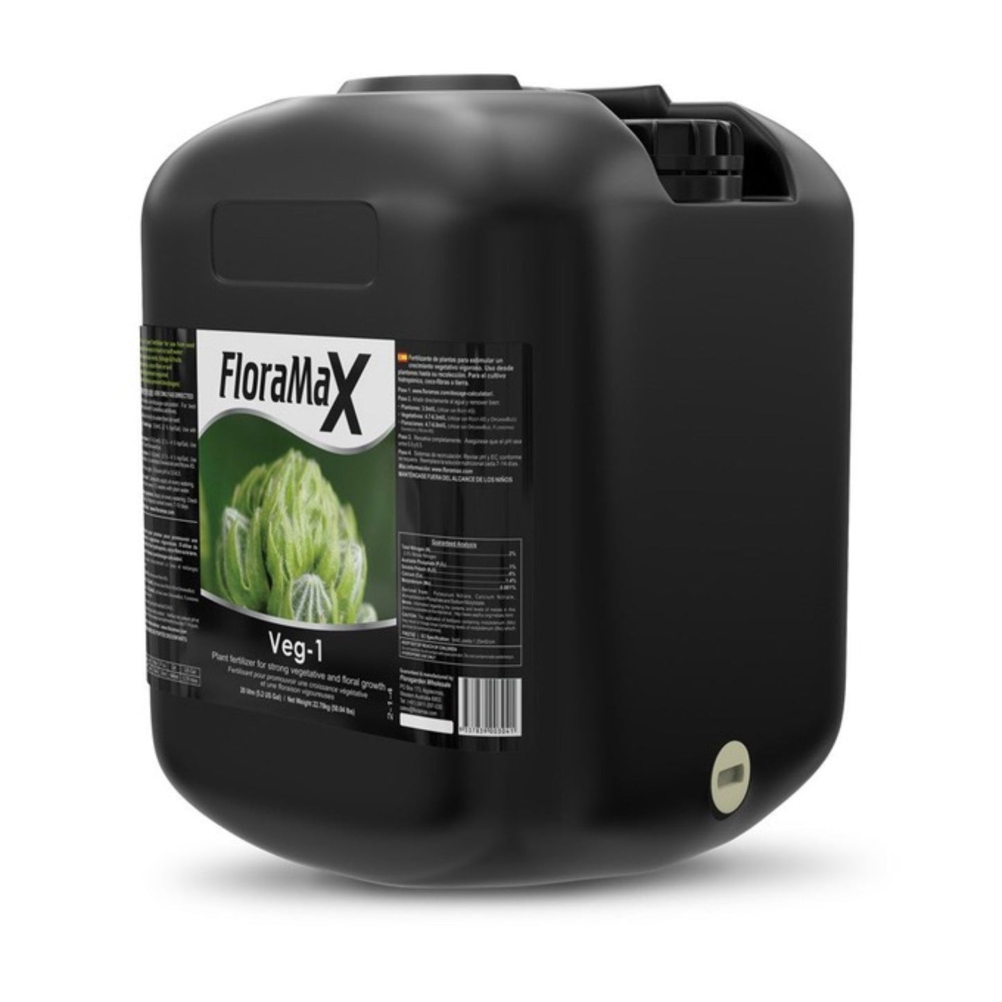 Large 20-liter container of FloraMax Veg-1, a high-performance vegetative nutrient formulated for rapid leafy growth and overall plant vigor, suitable for commercial and large-scale growing operations in New Zealand