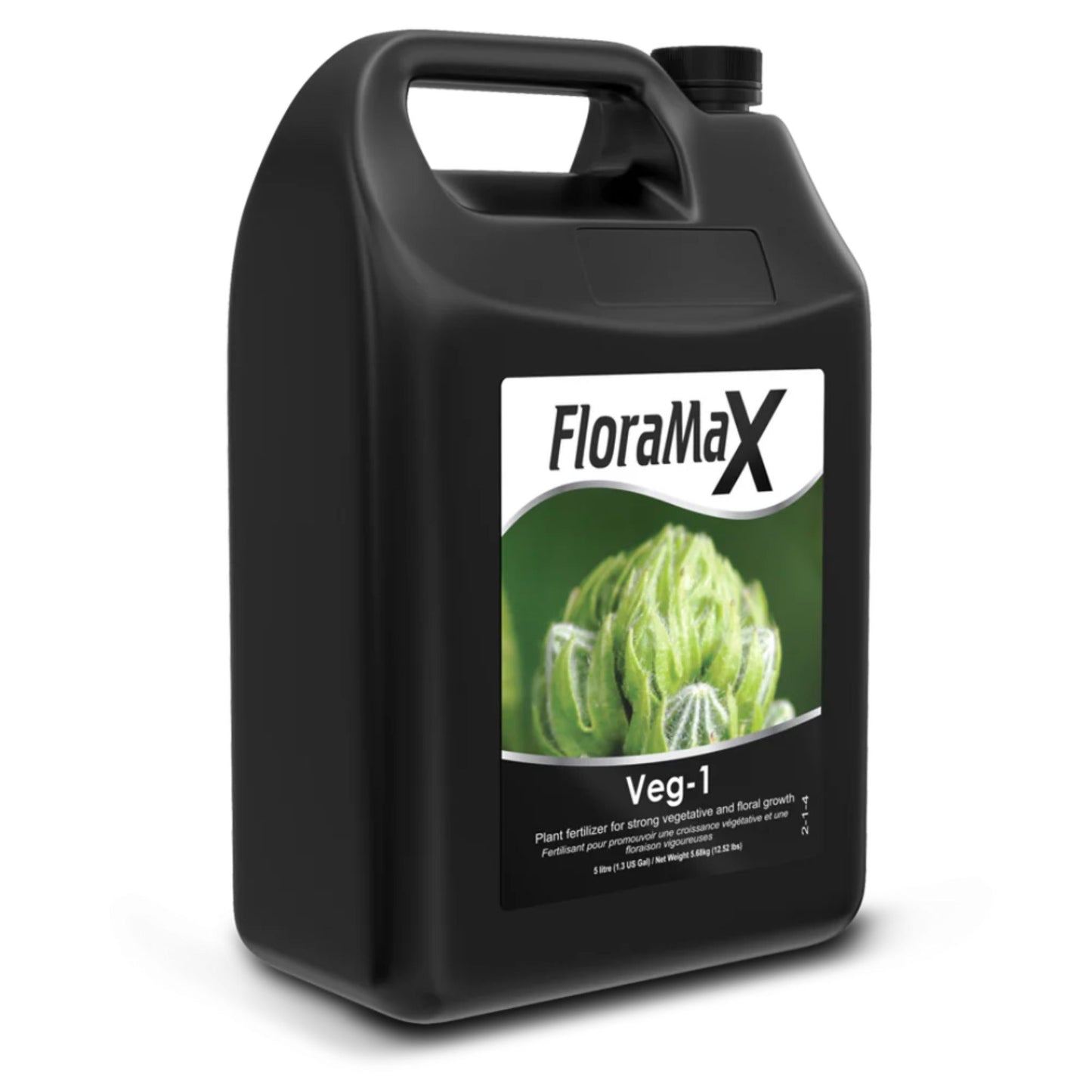 A 5-liter jug of FloraMax Veg-1, a concentrated liquid plant food providing essential nutrients for robust vegetative development and preparing plants for heavy flowering in NZ