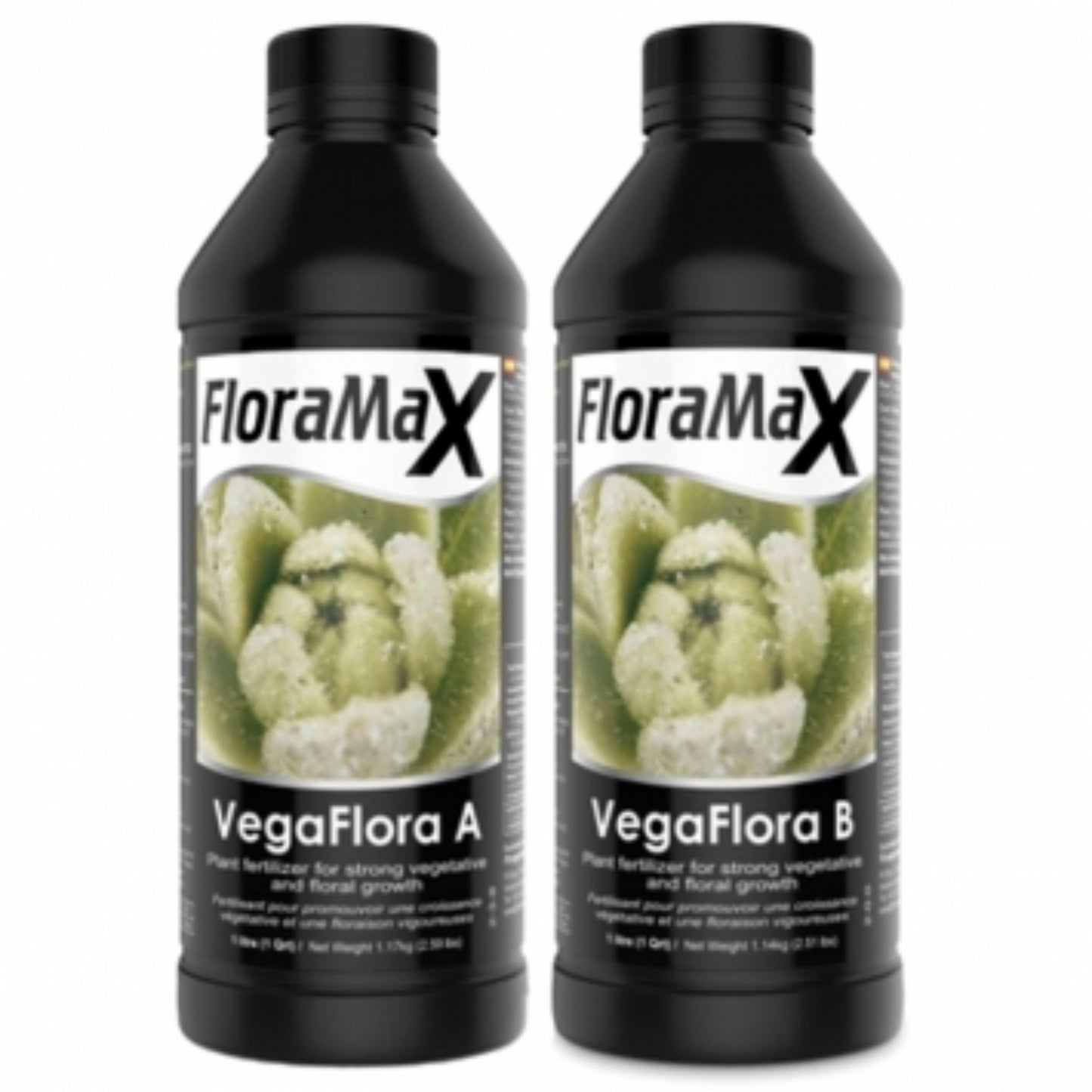 Two 1-liter bottles of FloraMax VegaFlora A and B, a complete 2-part base nutrient system for robust vegetative and strong floral growth in all hydroponic and soil systems in New Zealand
