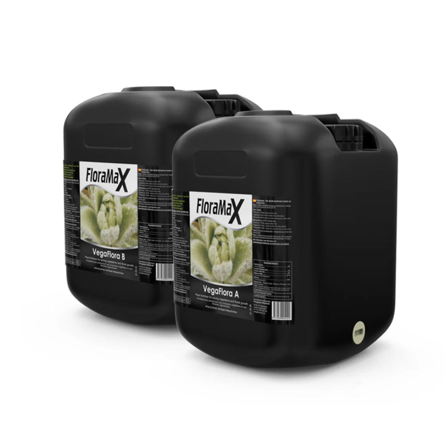 Two large 20-liter containers of FloraMax VegaFlora A and B, a comprehensive 2-part plant nutrient system ideal for commercial growers seeking optimal vegetative and flowering results in New Zealand