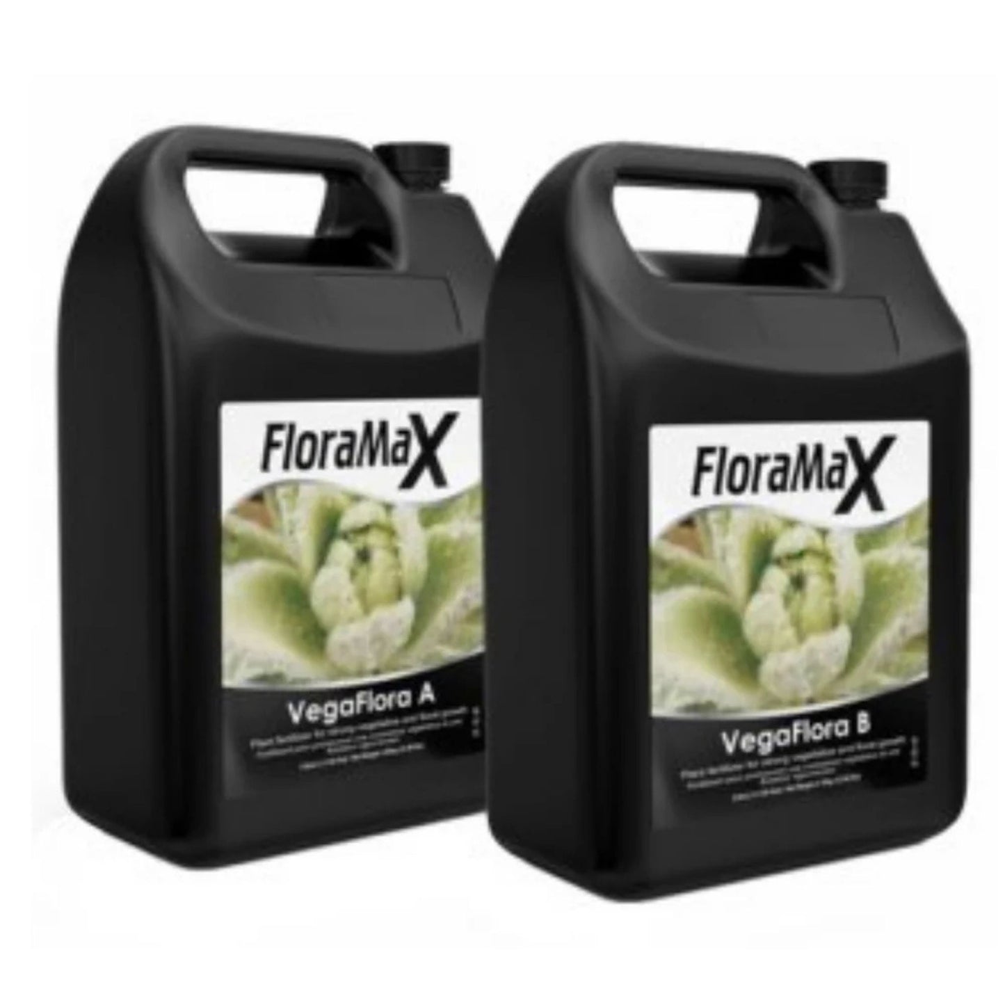 Two 5-liter jugs of FloraMax VegaFlora A and B, a professional-grade 2-part liquid fertilizer providing all essential nutrients for vigorous growth from seedling to harvest in NZ