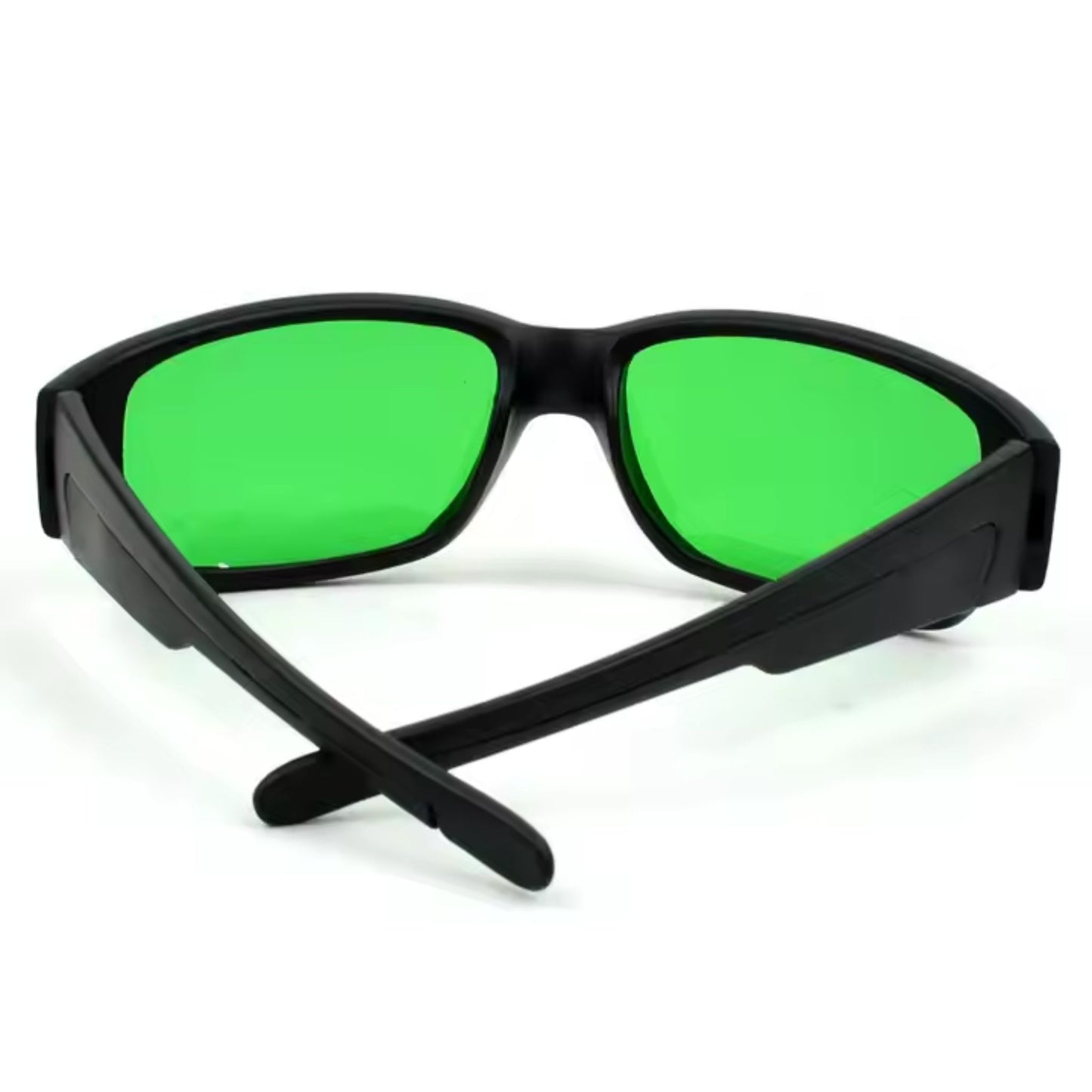 Rear angled view of black-framed grow room safety glasses with green lenses, designed to protect eyes from harsh LED grow light glare and provide clear visibility of plants' true colours for New Zealand hydroponic enthusiasts