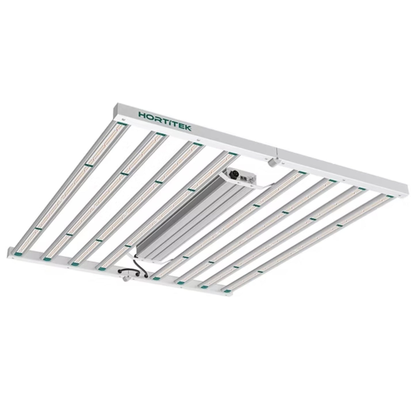 Top-down view of the Hortitek Eco Eight Bar 1000W LED grow light, featuring eight long, parallel LED bars with a central driver, designed for powerful, full-spectrum illumination in large indoor horticultural setups in New Zealand