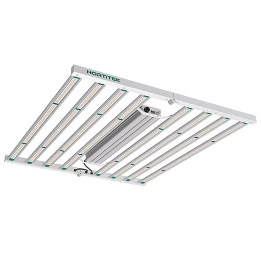Top-down view of the Hortitek Eco Eight Bar 1000W LED grow light, featuring eight long, parallel LED bars with a central driver, designed for powerful, full-spectrum illumination in large indoor horticultural setups in New Zealand
