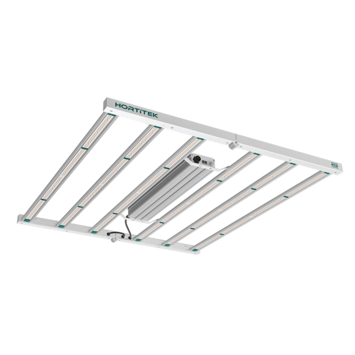 Angled view of the Hortitek Eco Six Bar 720W LED grow light, showing its six parallel LED light bars and integrated driver, providing high-efficiency, full-spectrum light coverage for medium to large grow spaces in New Zealand