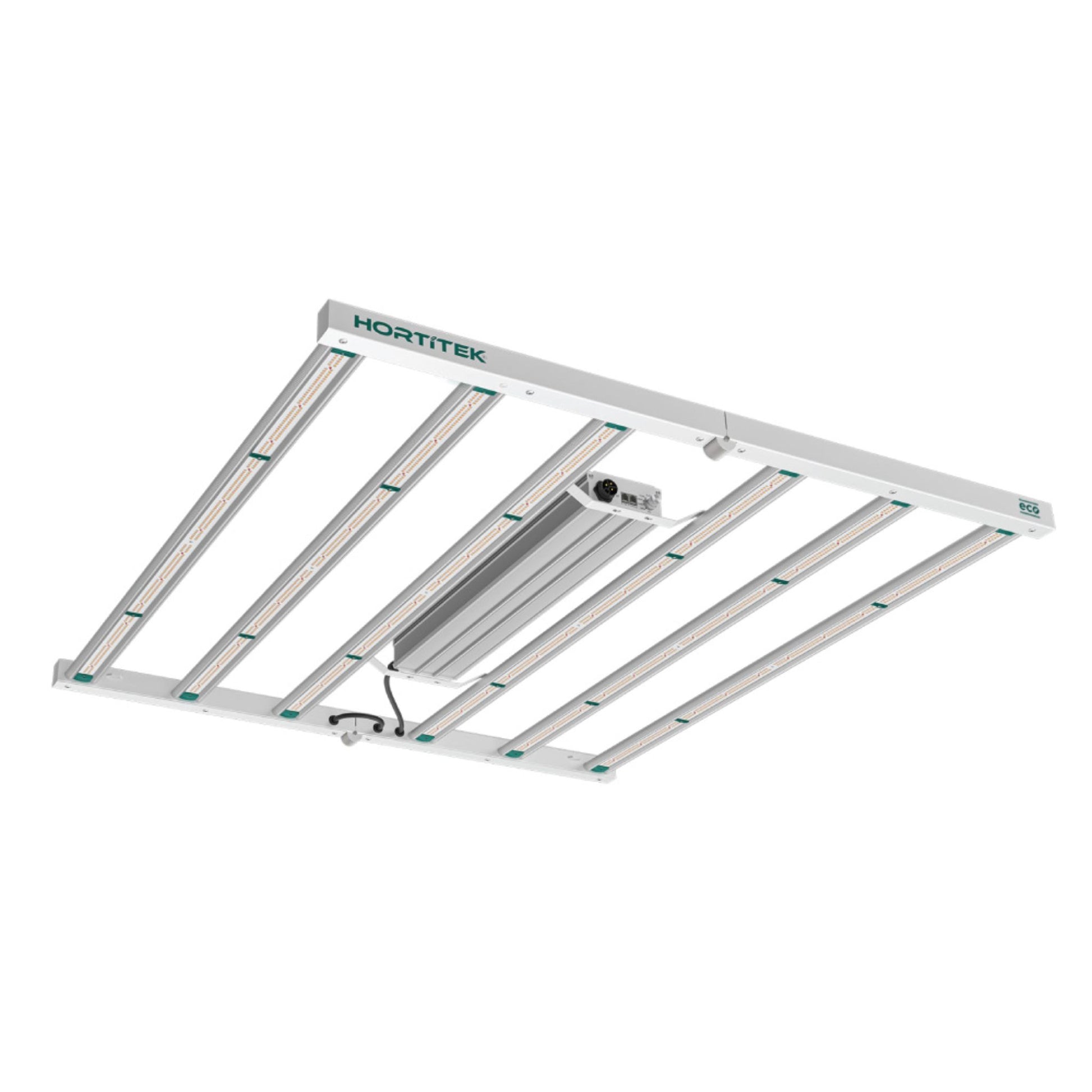 Angled view of the Hortitek Eco Six Bar 720W LED grow light, showing its six parallel LED light bars and integrated driver, providing high-efficiency, full-spectrum light coverage for medium to large grow spaces in New Zealand