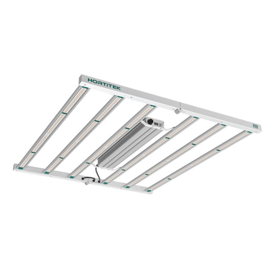 Angled view of the Hortitek Eco Six Bar 720W LED grow light, showing its six parallel LED light bars and integrated driver, providing high-efficiency, full-spectrum light coverage for medium to large grow spaces in New Zealand