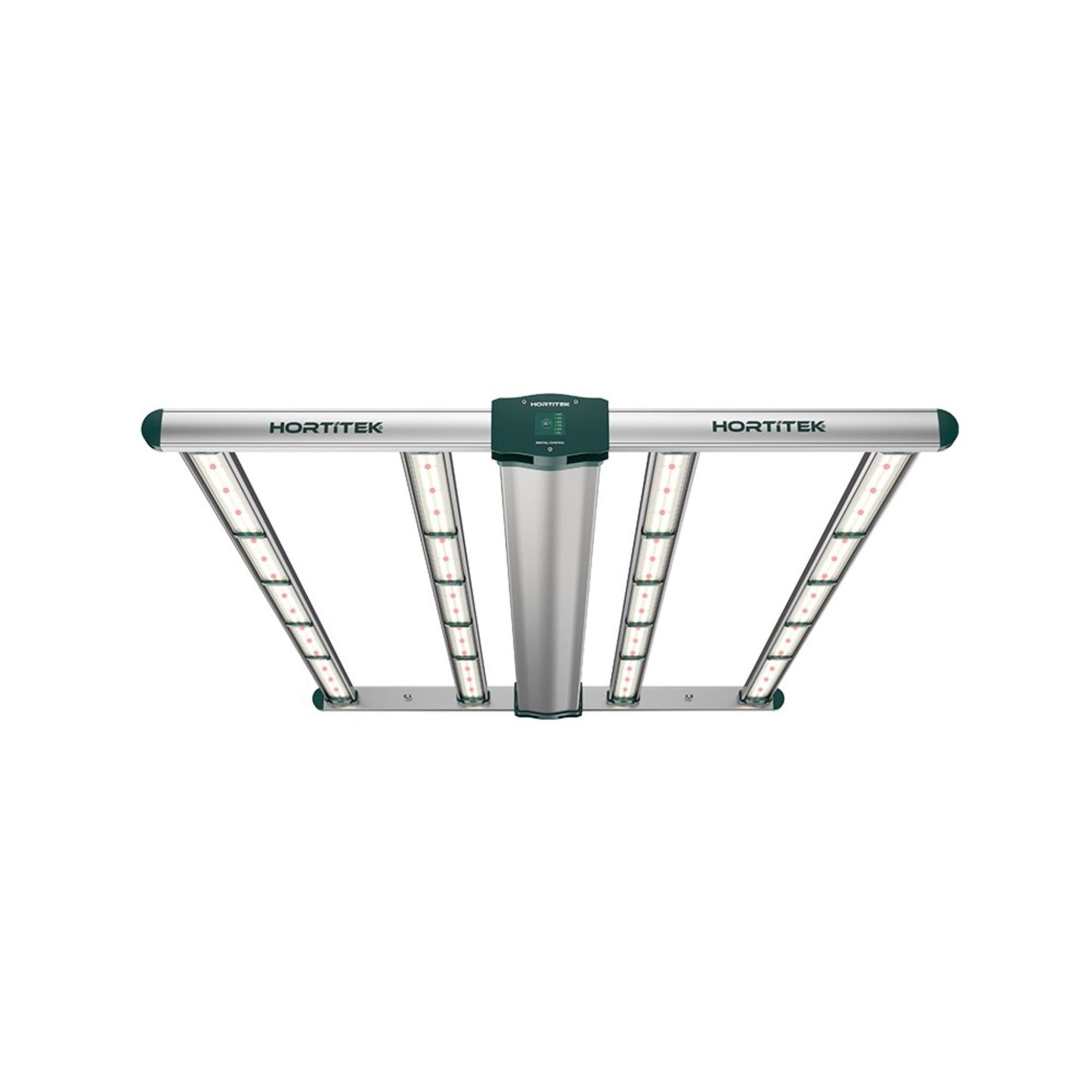 Overhead view of the Hortitek Four Bar 410W LED grow light, with its four light bars extending from a central housing, offering a compact and powerful full-spectrum lighting solution for smaller grow tents or areas in New Zealand