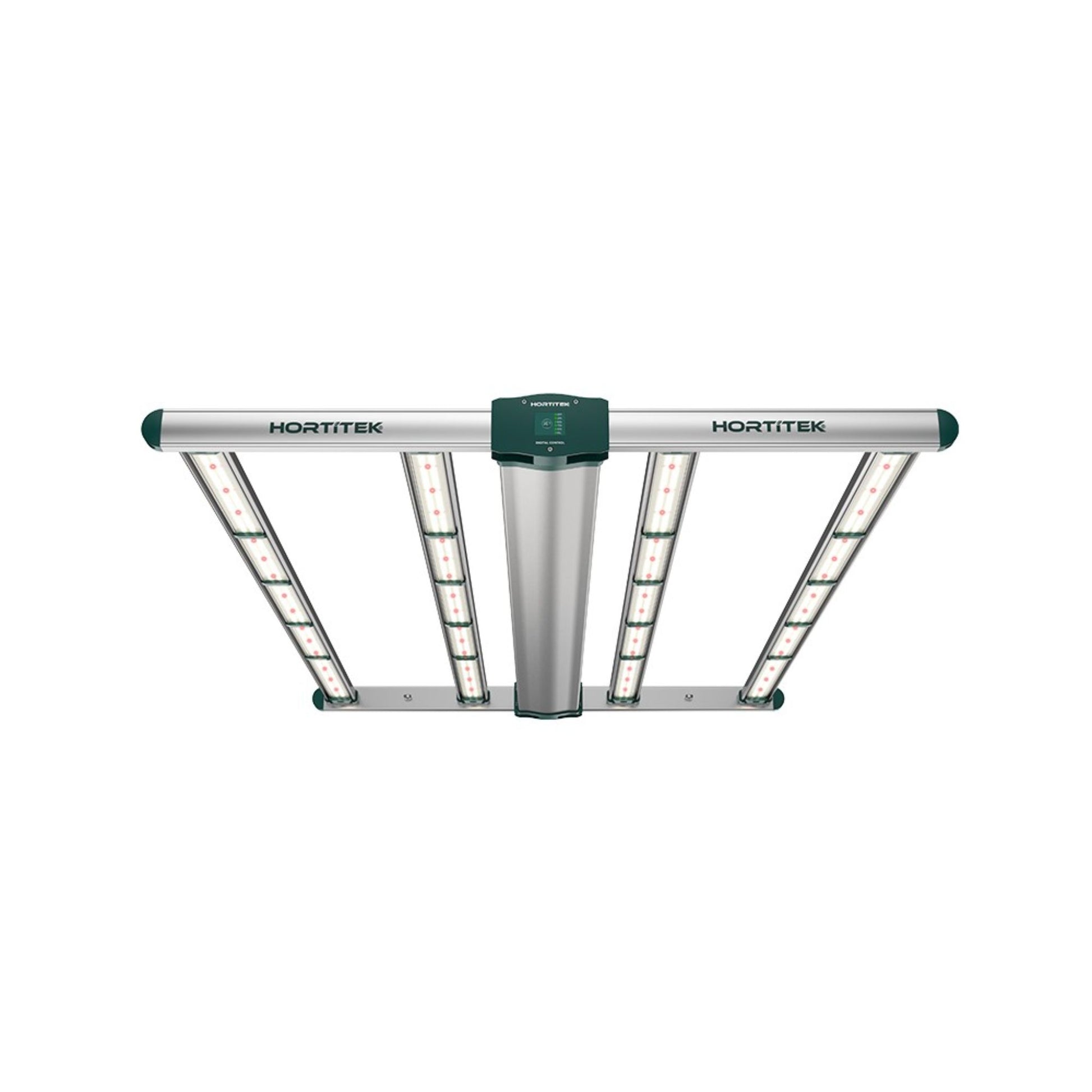 Overhead view of the Hortitek Four Bar 410W LED grow light, with its four light bars extending from a central housing, offering a compact and powerful full-spectrum lighting solution for smaller grow tents or areas in New Zealand