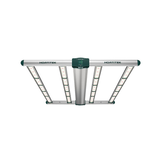 Overhead view of the Hortitek Four Bar 410W LED grow light, with its four light bars extending from a central housing, offering a compact and powerful full-spectrum lighting solution for smaller grow tents or areas in New Zealand