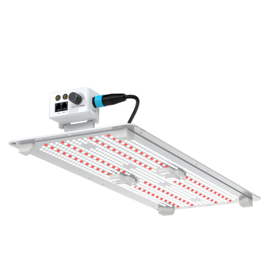 Angled view of the Hortitek Gen 2 Growboard LED Grow Light 220W, a rectangular panel-style fixture with a dense array of red and white LEDs, a control knob for dimming, and daisy-chain ports, ideal for vegetative growth and flowering in New Zealand