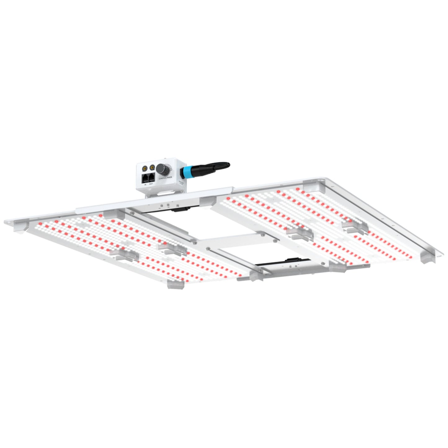 Angled view of the Hortitek Gen 2 Growboard LED Grow Light 440W, a square-shaped panel featuring multiple rows of full-spectrum LEDs for even light distribution, with an external driver and control unit, optimized for medium-sized indoor growing in New Zealand.