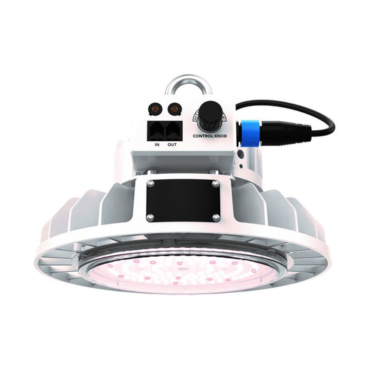 Hortitek Gen 2 UFO LED 100W grow light, showing the compact, disc-shaped fixture with white heat sink fins, a top-mounted control knob for dimming, and input/output ports for daisy-chaining in New Zealand grow tents
