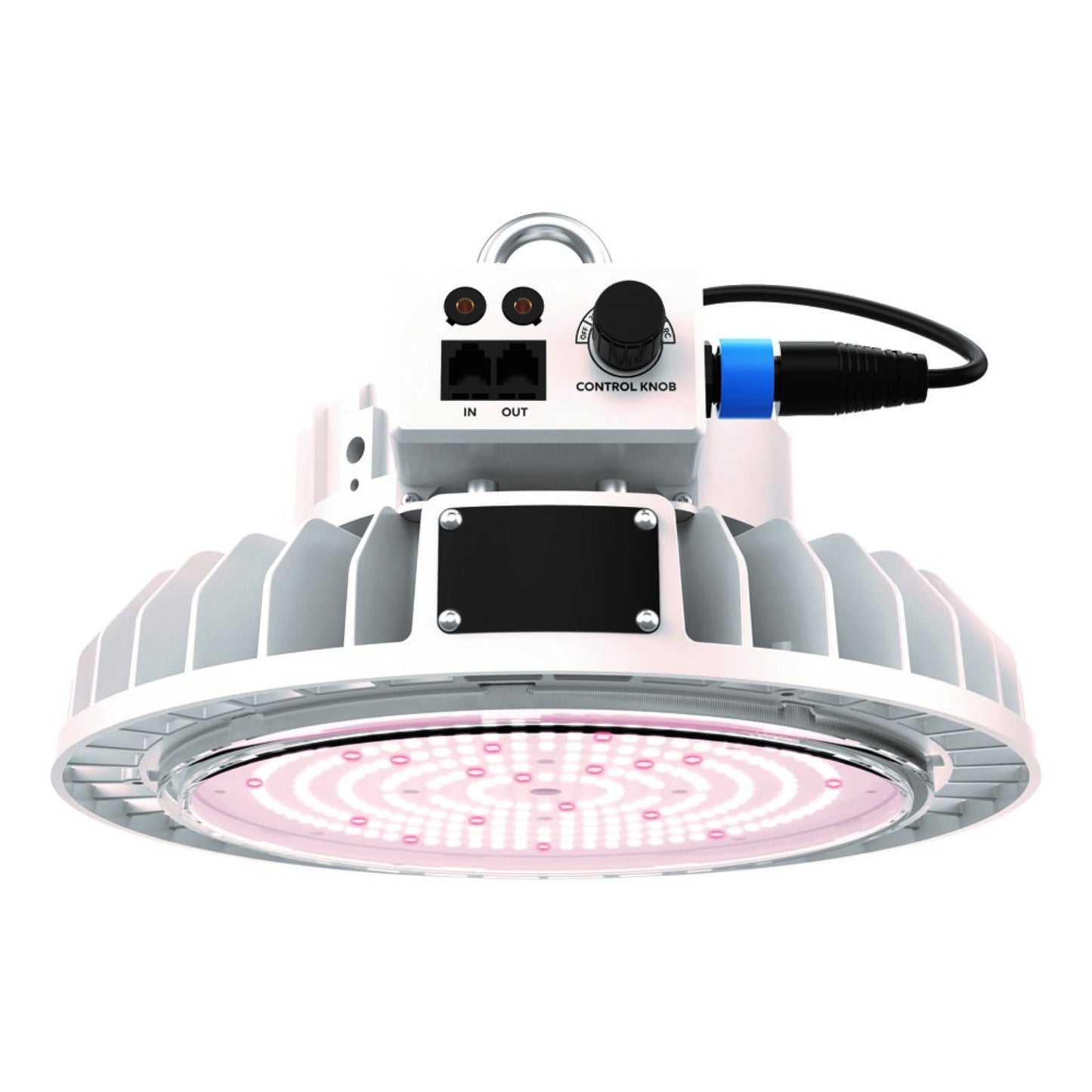 Hortitek Gen 2 UFO LED 200W grow light, displaying the powerful, disc-shaped fixture with illuminated full-spectrum LEDs, integrated control knob, and input/output connections, suitable for efficient plant growth in New Zealand
