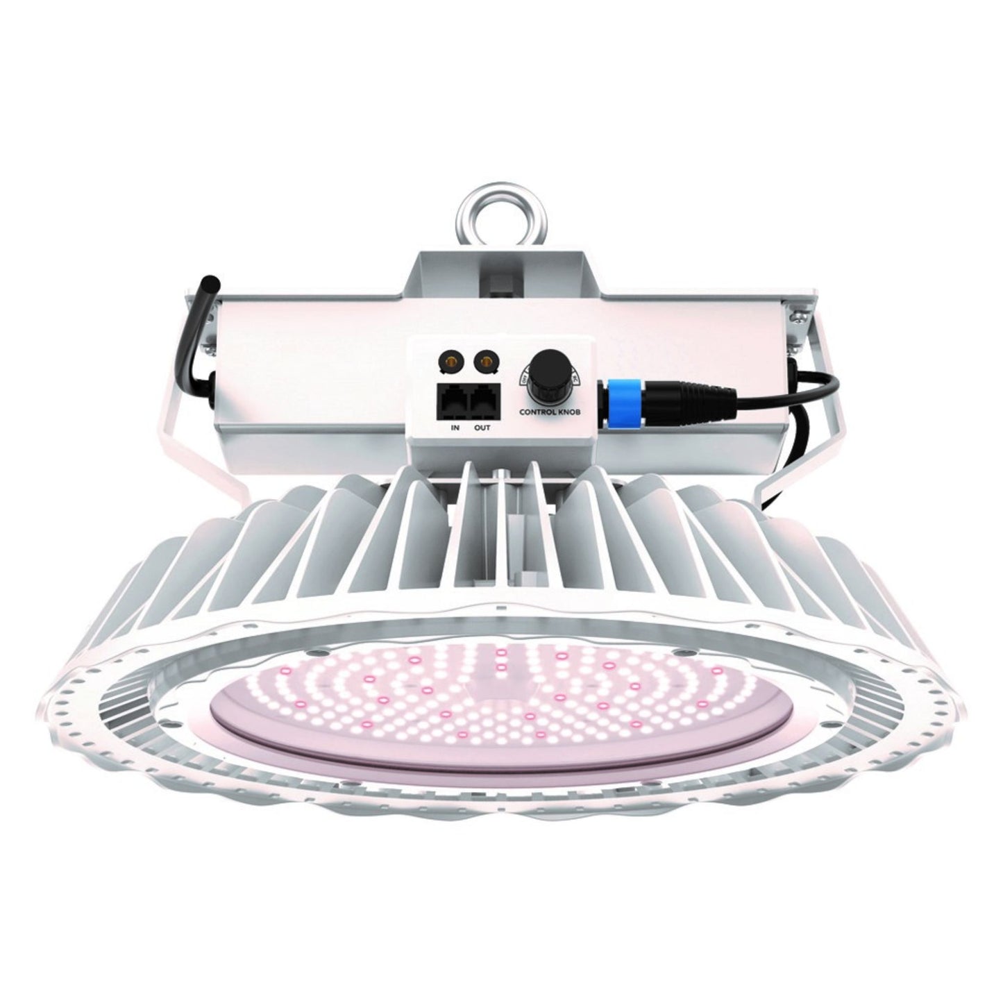 Hortitek Gen 2 UFO LED 300W high-bay style grow light, featuring robust white heat sink fins, a central control knob, and daisy-chain ports, providing powerful illumination for larger indoor gardens in New Zealand