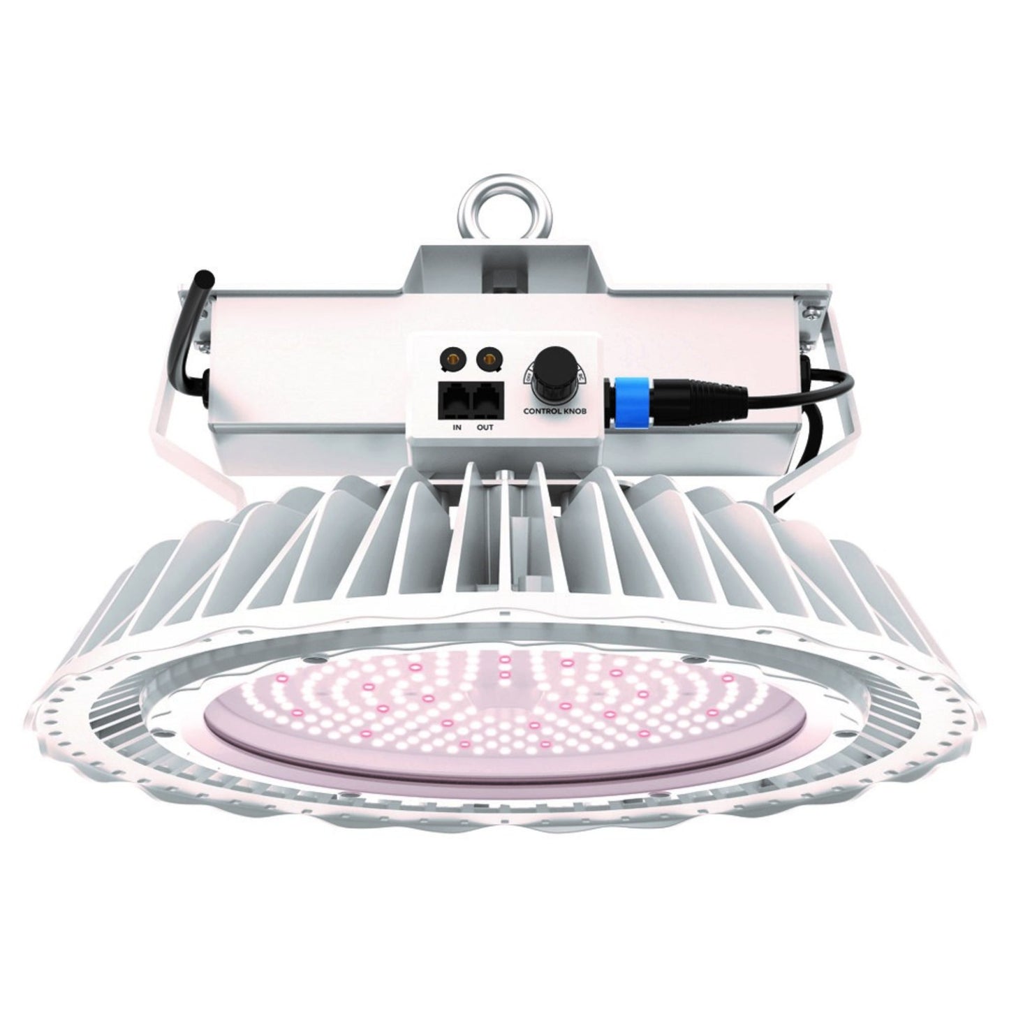 Hortitek Gen 2 UFO LED 500W commercial grow light, a high-power fixture with extensive heat dissipation fins, integrated dimming control, and multiple connectivity options, designed for intensive plant cultivation in New Zealand
