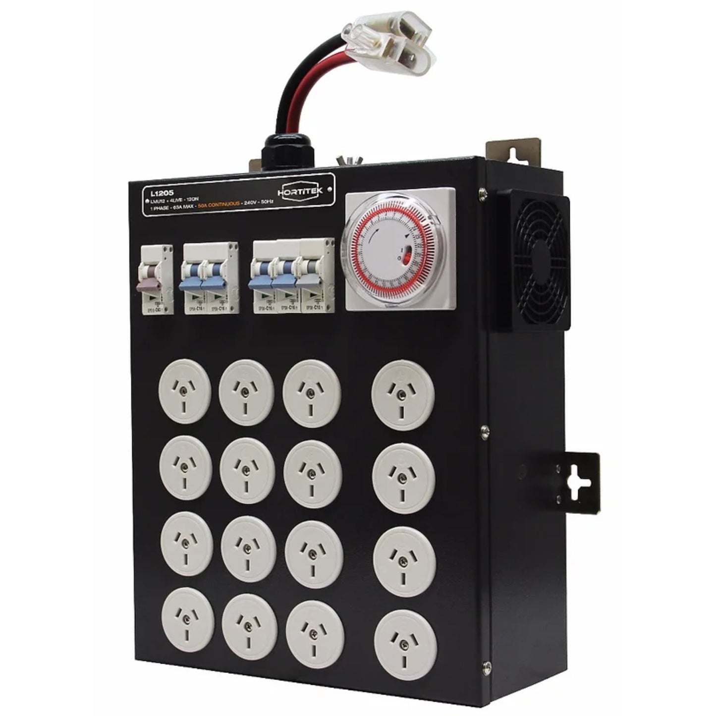 Side angle view of the Hortitek LMU 12 + 4 LIVE, 63A, 1-Phase light management unit, showing the internal timer, circuit breakers, cooling fan, and 12-outlet configuration for managing grow lights in New Zealand