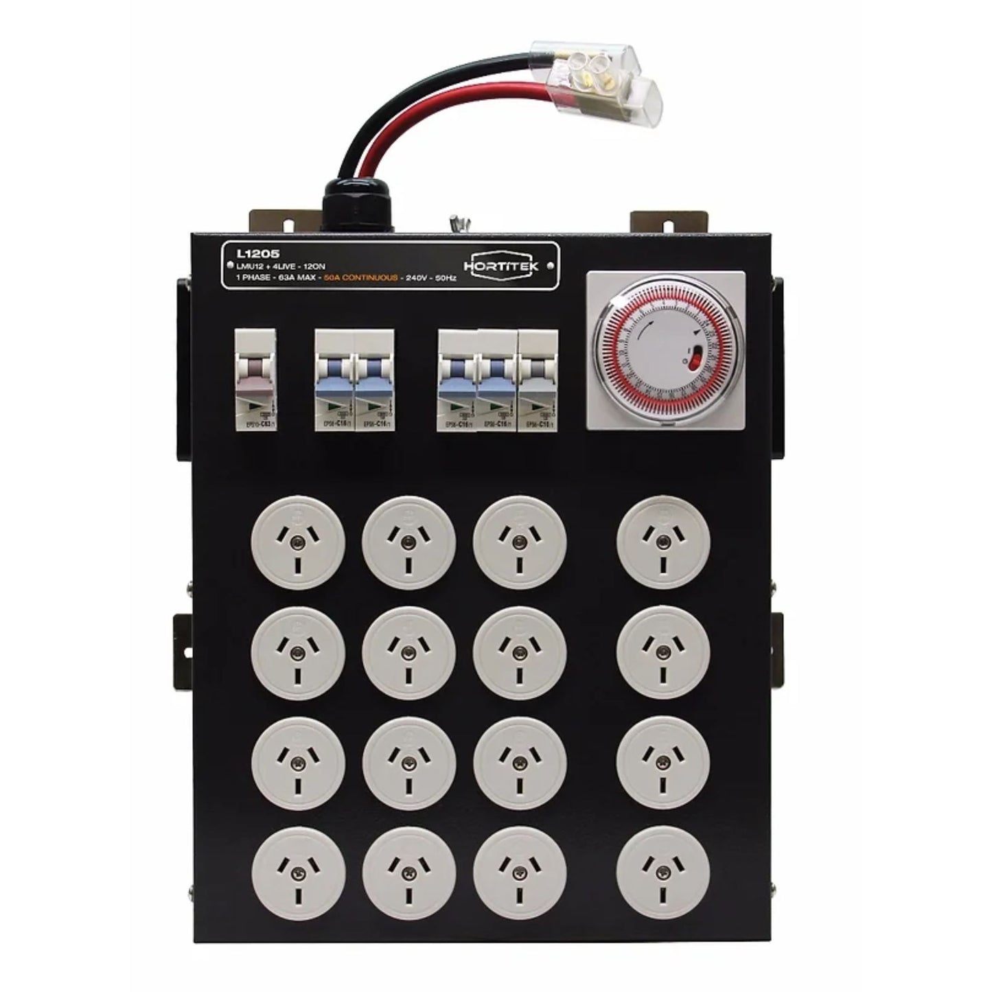 Front view of the Hortitek LMU 12 + 4 LIVE, 63A, 1-Phase light management unit, prominently displaying the 12 Australian/New Zealand standard three-pin outlets, built-in timer, and circuit breakers for automated grow room control