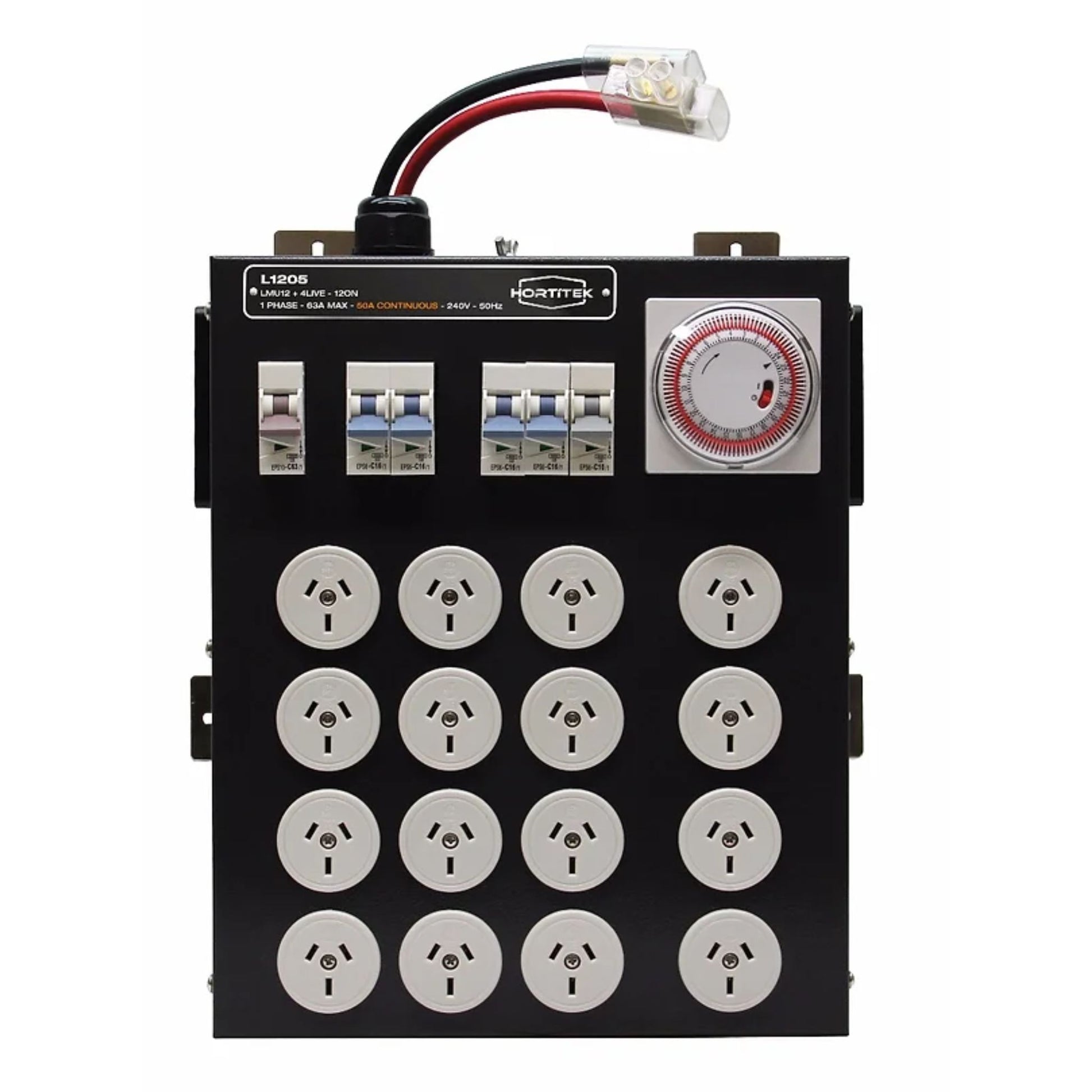 Front view of the Hortitek LMU 12 + 4 LIVE, 63A, 1-Phase light management unit, prominently displaying the 12 Australian/New Zealand standard three-pin outlets, built-in timer, and circuit breakers for automated grow room control