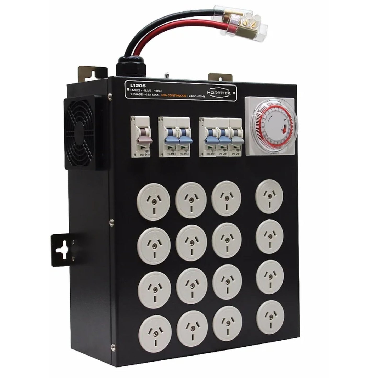 Three-quarter view of the Hortitek LMU 12 + 4 LIVE, 63A, 1-Phase power controller, featuring heavy-duty power input and 12 Australian/New Zealand standard three-pin electrical outlets for horticultural lighting