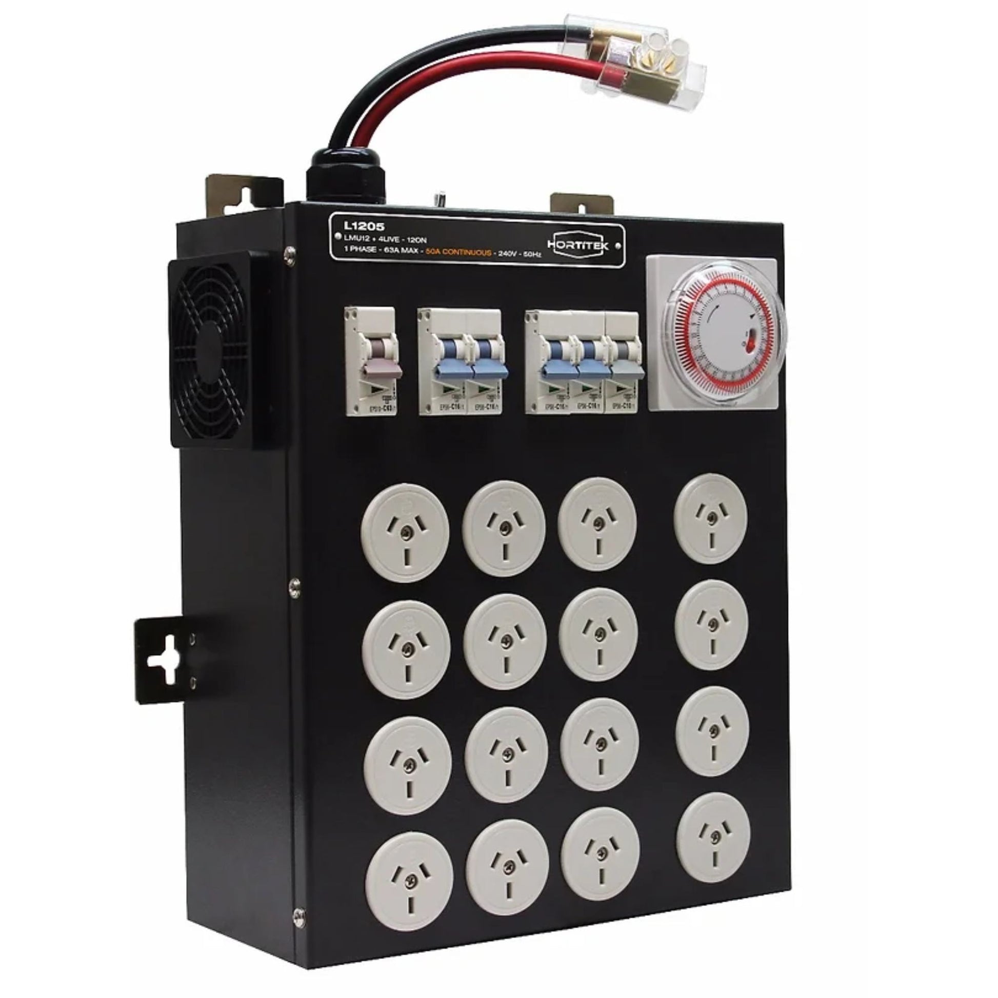 Three-quarter view of the Hortitek LMU 12 + 4 LIVE, 63A, 1-Phase power controller, featuring heavy-duty power input and 12 Australian/New Zealand standard three-pin electrical outlets for horticultural lighting