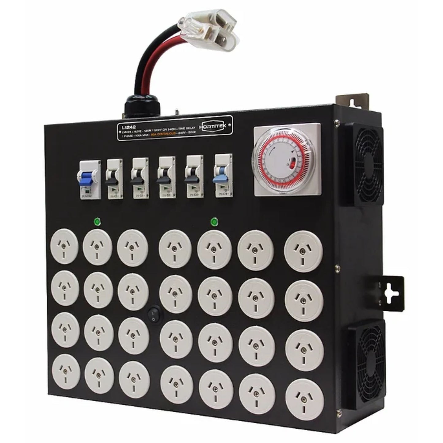 Side angle view of the Hortitek LMU 24 + 4 LIVE, 100A, 1-Phase light management unit, showing its robust circuit breakers, integrated timer, 12ON/12OFF or 24ON selector switch, and cooling fans for heavy-duty grow room automation in New Zealand