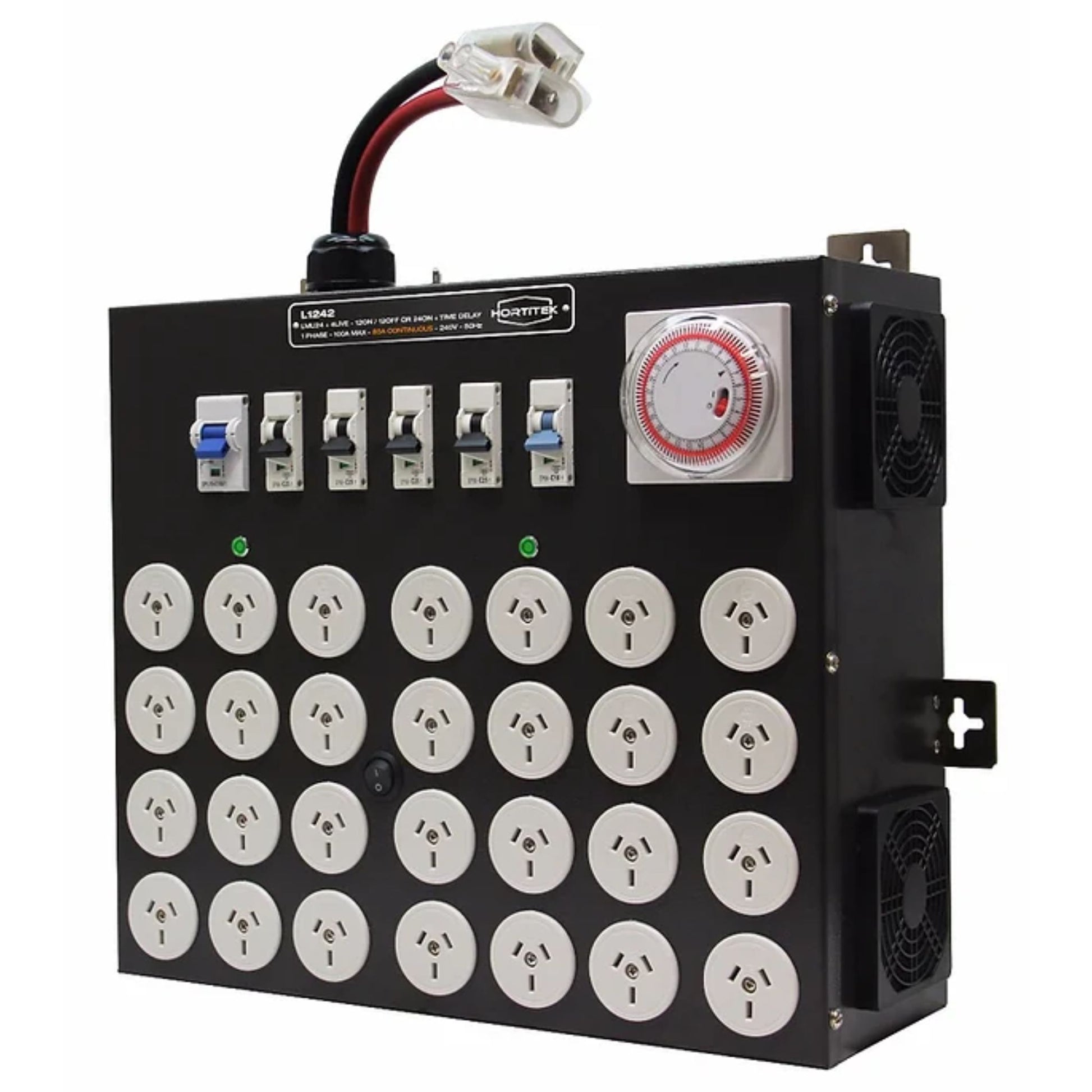 Side angle view of the Hortitek LMU 24 + 4 LIVE, 100A, 1-Phase light management unit, showing its robust circuit breakers, integrated timer, 12ON/12OFF or 24ON selector switch, and cooling fans for heavy-duty grow room automation in New Zealand