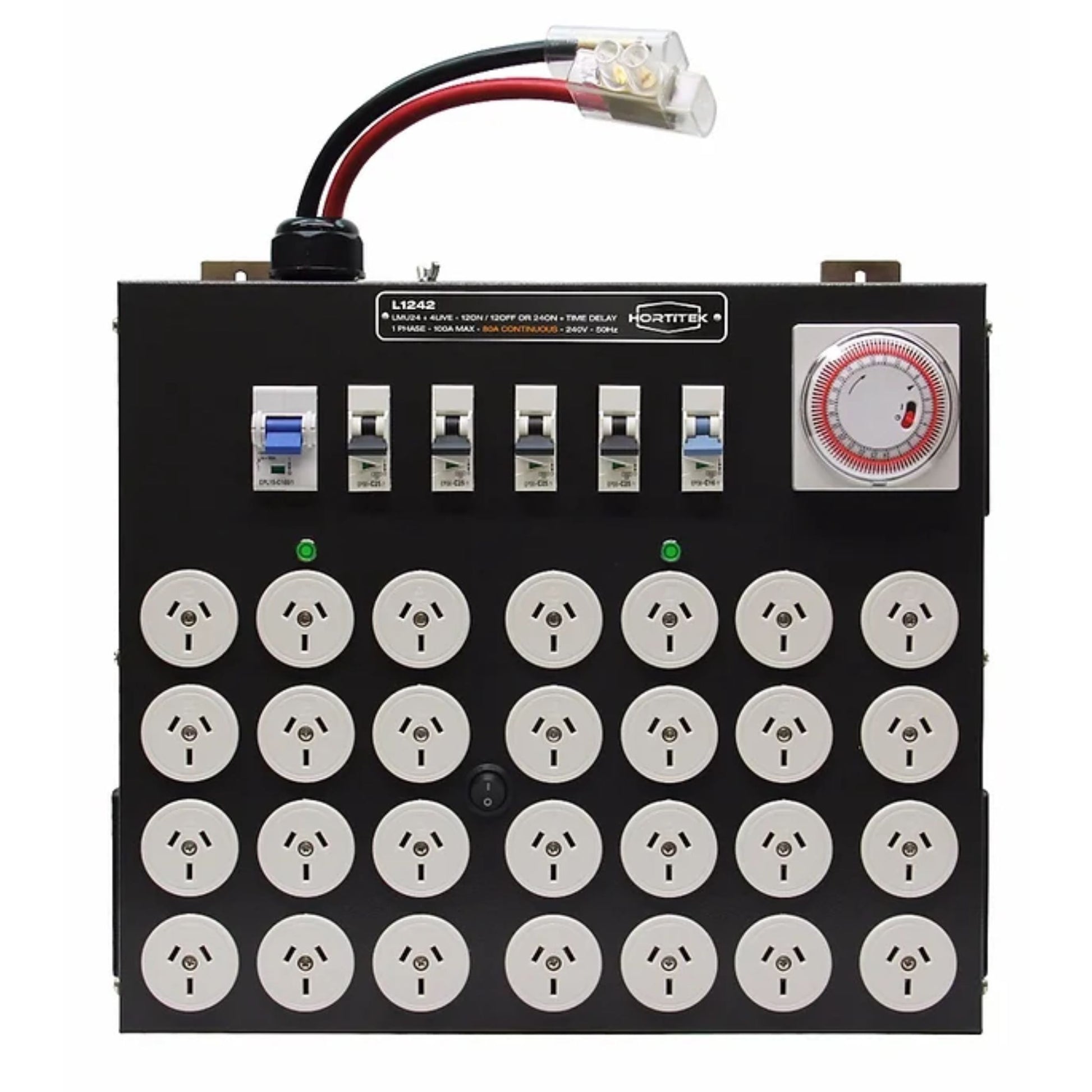Front view of the Hortitek LMU 24 + 4 LIVE, 100A, 1-Phase grow room light management unit, displaying 24 Australian/New Zealand standard three-pin outlets, a built-in mechanical timer, and multiple high-amperage circuit breakers for comprehensive automated lighting control