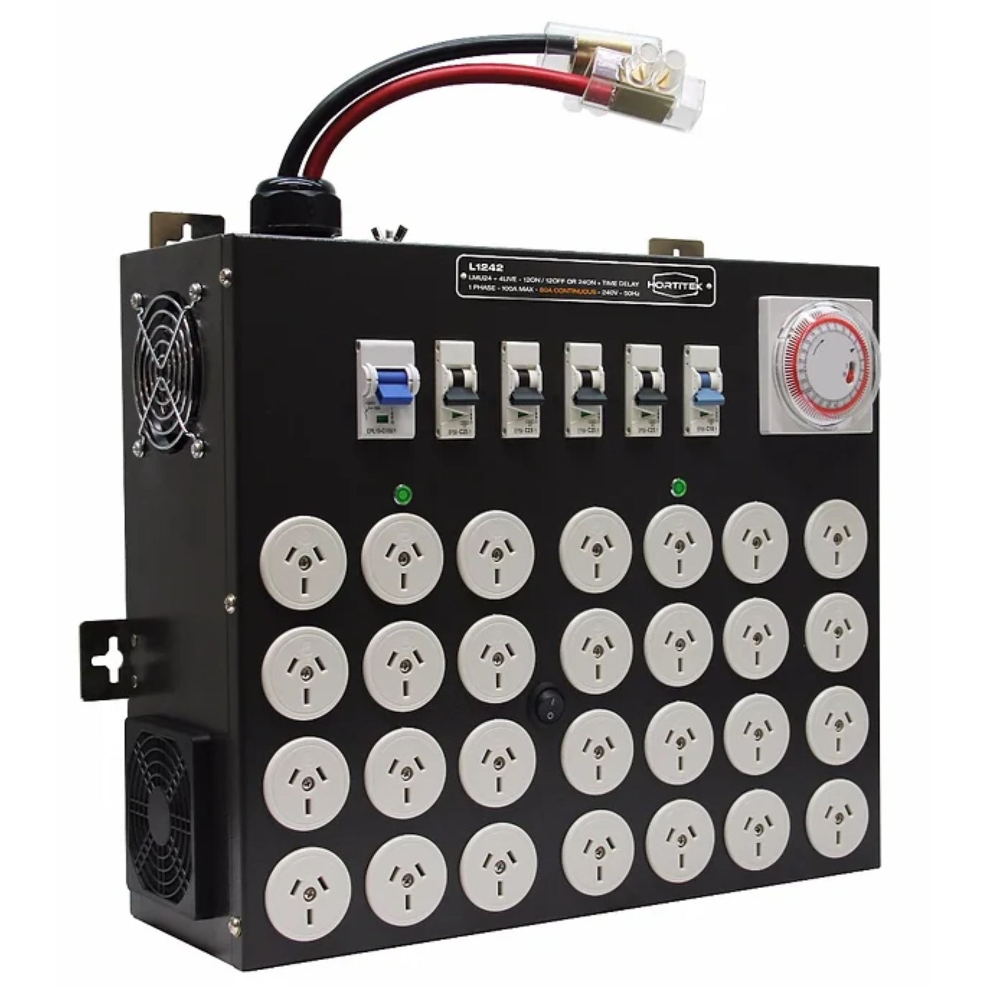 Three-quarter view of the Hortitek LMU 24 + 4 LIVE, 100A, 1-Phase power distribution unit with Time Delay, featuring industrial-grade input terminals, dual cooling fans, and 24 individual Australian/New Zealand standard electrical outlets for large-scale horticultural facilities