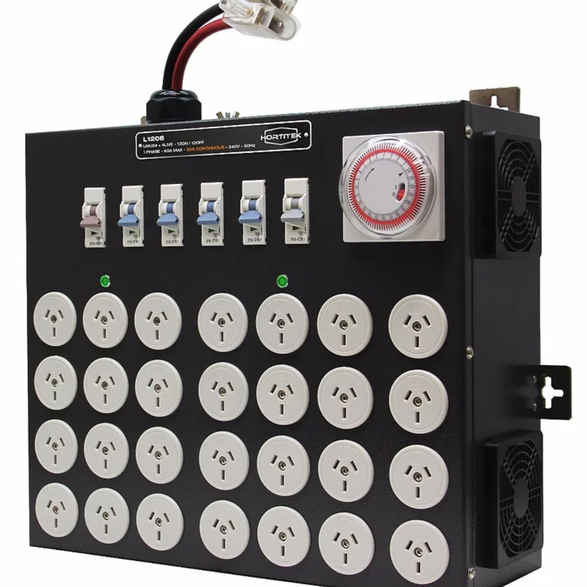 Side angle view of the Hortitek LMU 24 + 4 LIVE, 63A, 1-Phase light management unit, showing the integrated digital timer, multiple circuit breakers, and cooling fans for precise grow room automation in New Zealand
