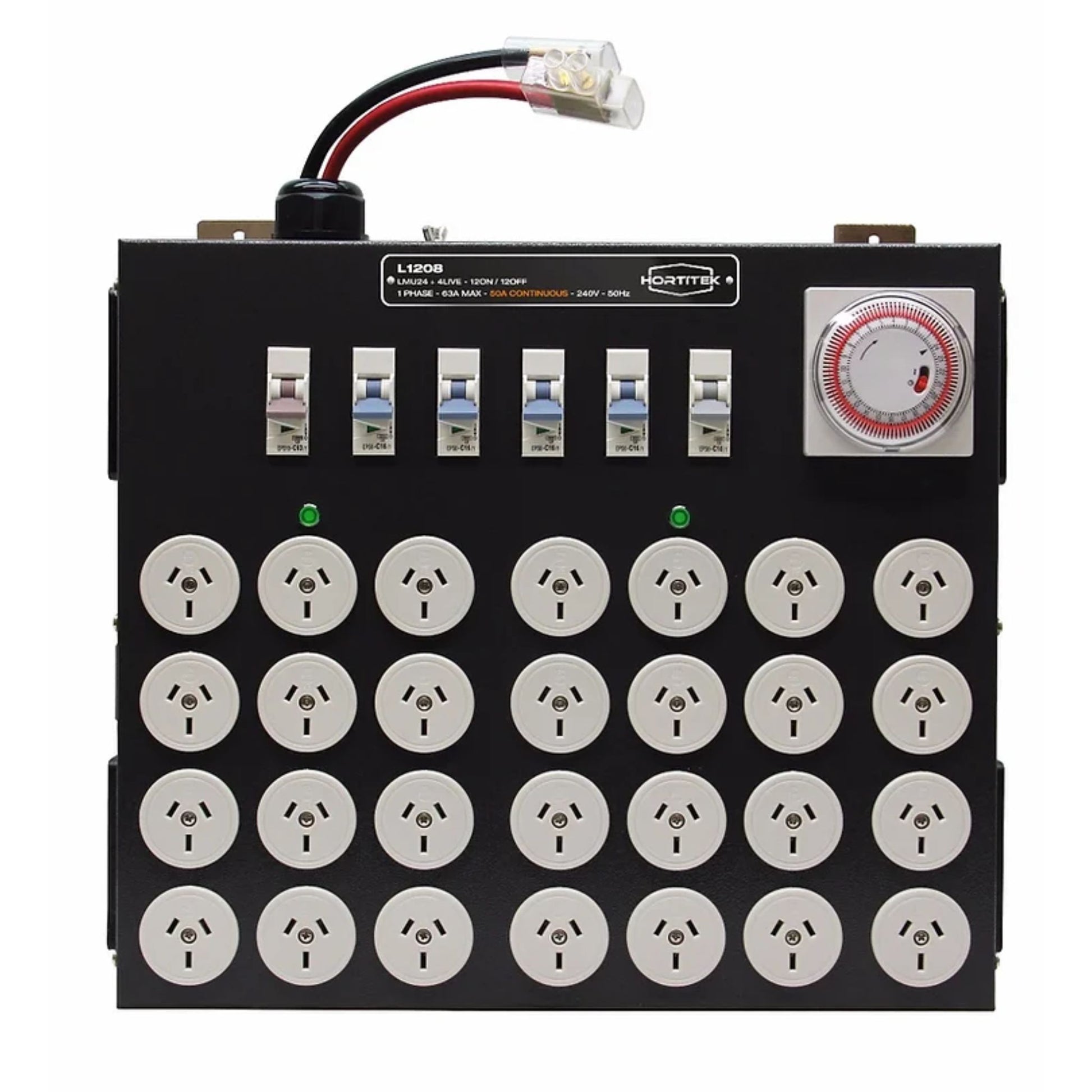 Front view of the Hortitek LMU 24 + 4 LIVE, 63A, 1-Phase grow room light management unit, displaying 24 Australian/New Zealand standard three-pin outlets, a built-in timer, and multiple circuit breakers for automated lighting control