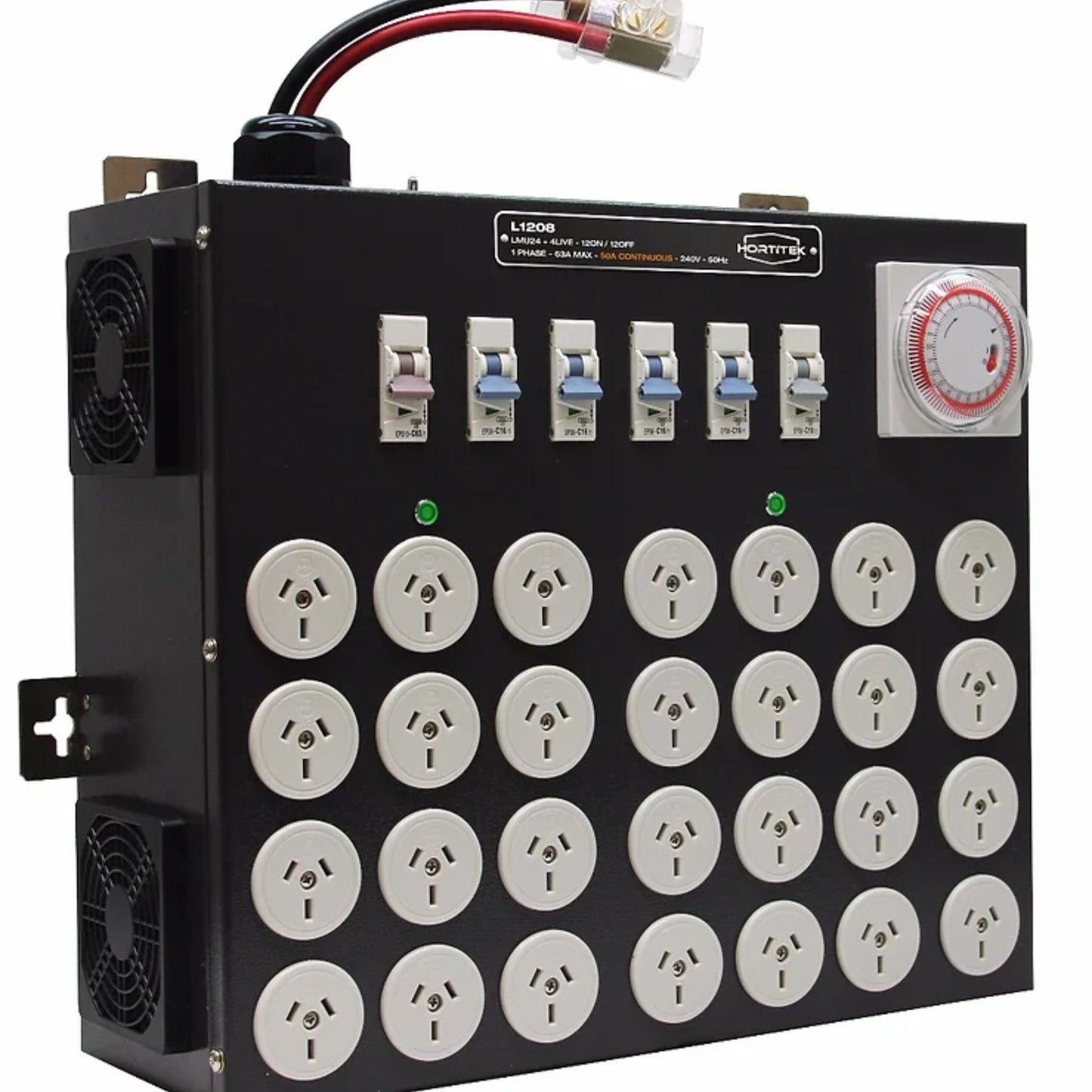 Three-quarter view of the Hortitek LMU 24 + 4 LIVE, 63A, 1-Phase power distribution board, with robust power input terminals and 24 individual Australian/New Zealand standard electrical outlets for professional horticultural setups