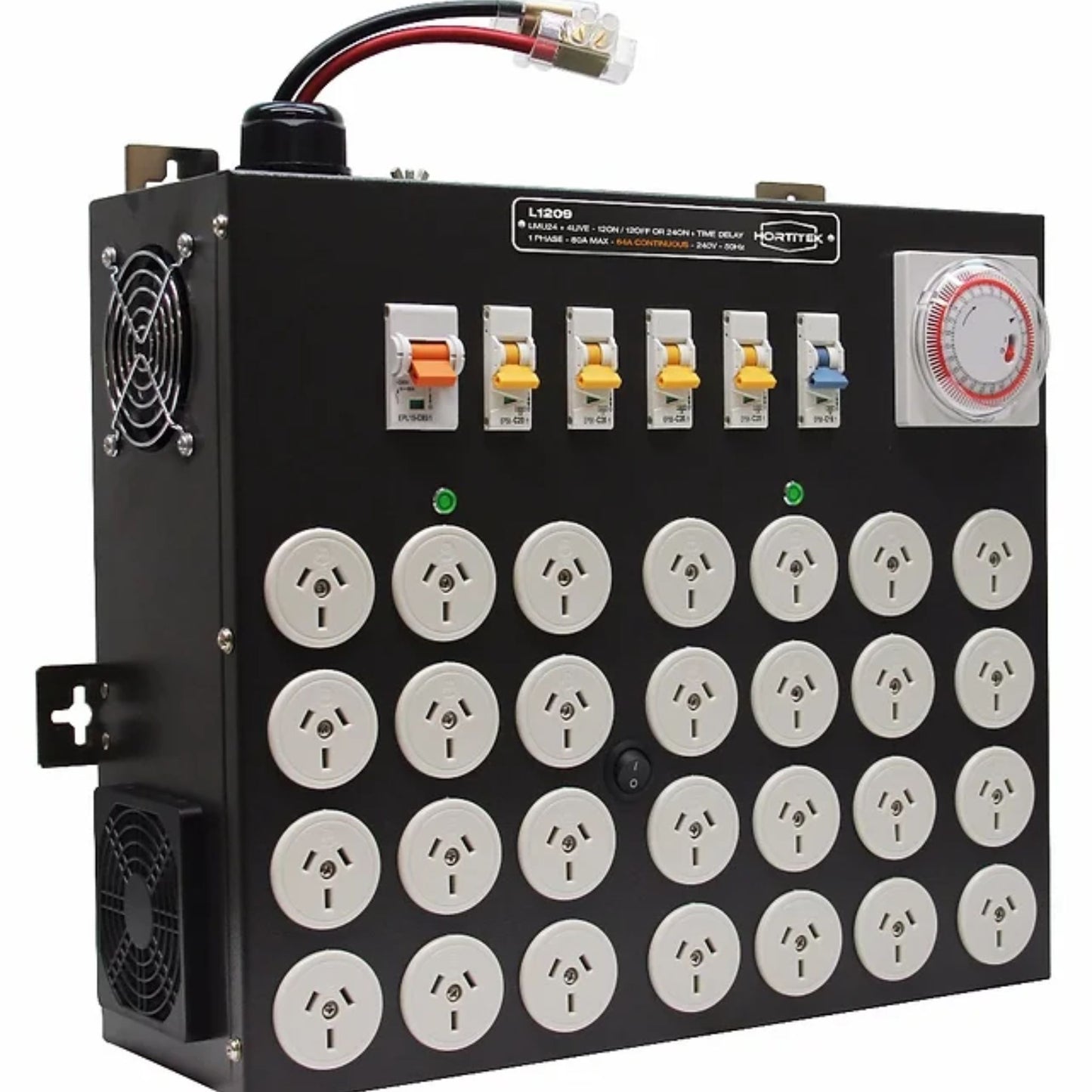 Side angle view of the Hortitek LMU 24 + 4 LIVE, 80A, 1-Phase light management unit, showing the internal timer, heavy-duty circuit breakers, configuration selector switch, cooling fans, and 24 Australian/New Zealand standard electrical outlets for advanced grow room automation