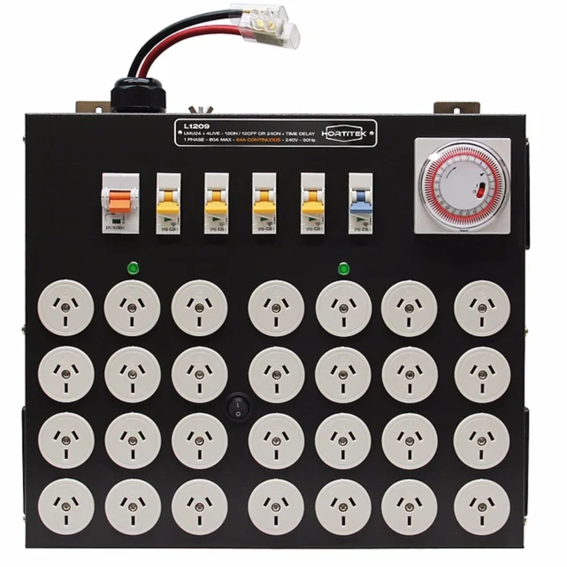 Front view of the Hortitek LMU 24 + 4 LIVE, 80A, 1-Phase grow room light management unit, displaying 24 Australian/New Zealand standard three-pin outlets, built-in timer, time delay switch, and multiple circuit breakers for versatile automated lighting control