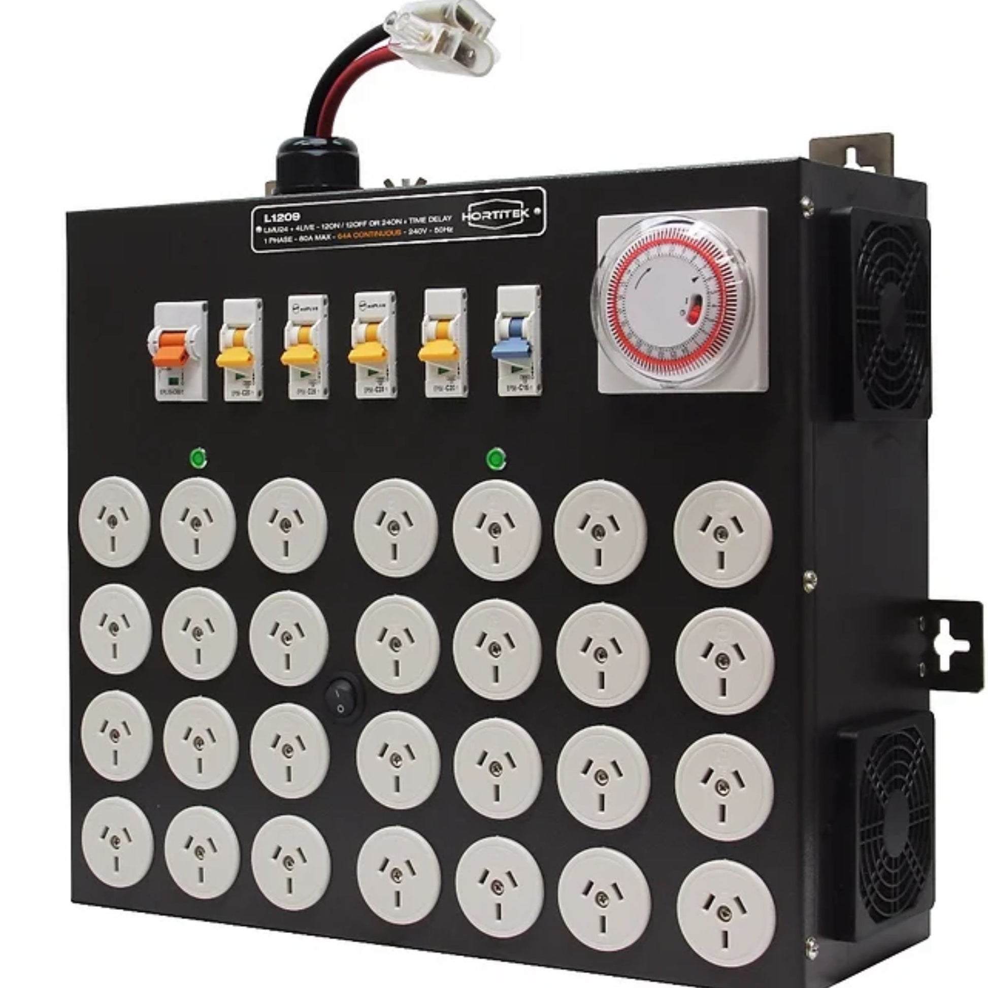 Three-quarter view of the Hortitek LMU 24 + 4 LIVE, 80A, 1-Phase power contactor with Time Delay, featuring heavy-duty input terminals, dual cooling fans, and 24 individual Australian/New Zealand standard electrical outlets for high-capacity horticultural lighting