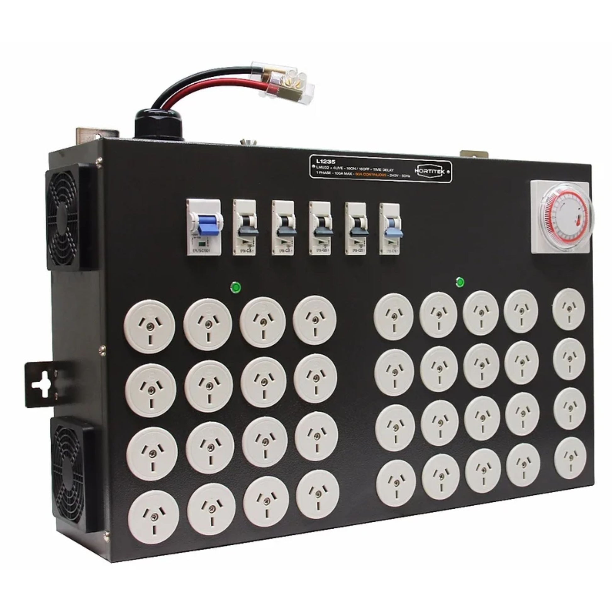 Side angle view of the Hortitek LMU 32 + 4 LIVE, 100A, 1-Phase light management unit, showing its robust circuit breakers, integrated mechanical timer, configuration selector switch, cooling fans, and 32 Australian/New Zealand standard electrical outlets for heavy-duty grow room automation