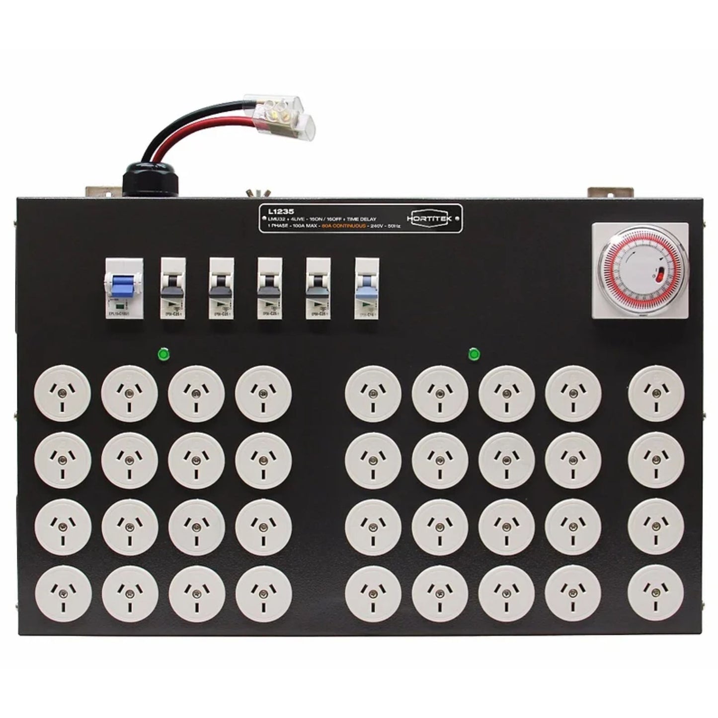 Front view of the Hortitek LMU 32 + 4 LIVE, 100A, 1-Phase grow room light management unit, displaying 32 Australian/New Zealand standard three-pin outlets, a built-in mechanical timer, and multiple high-amperage circuit breakers for comprehensive automated lighting control