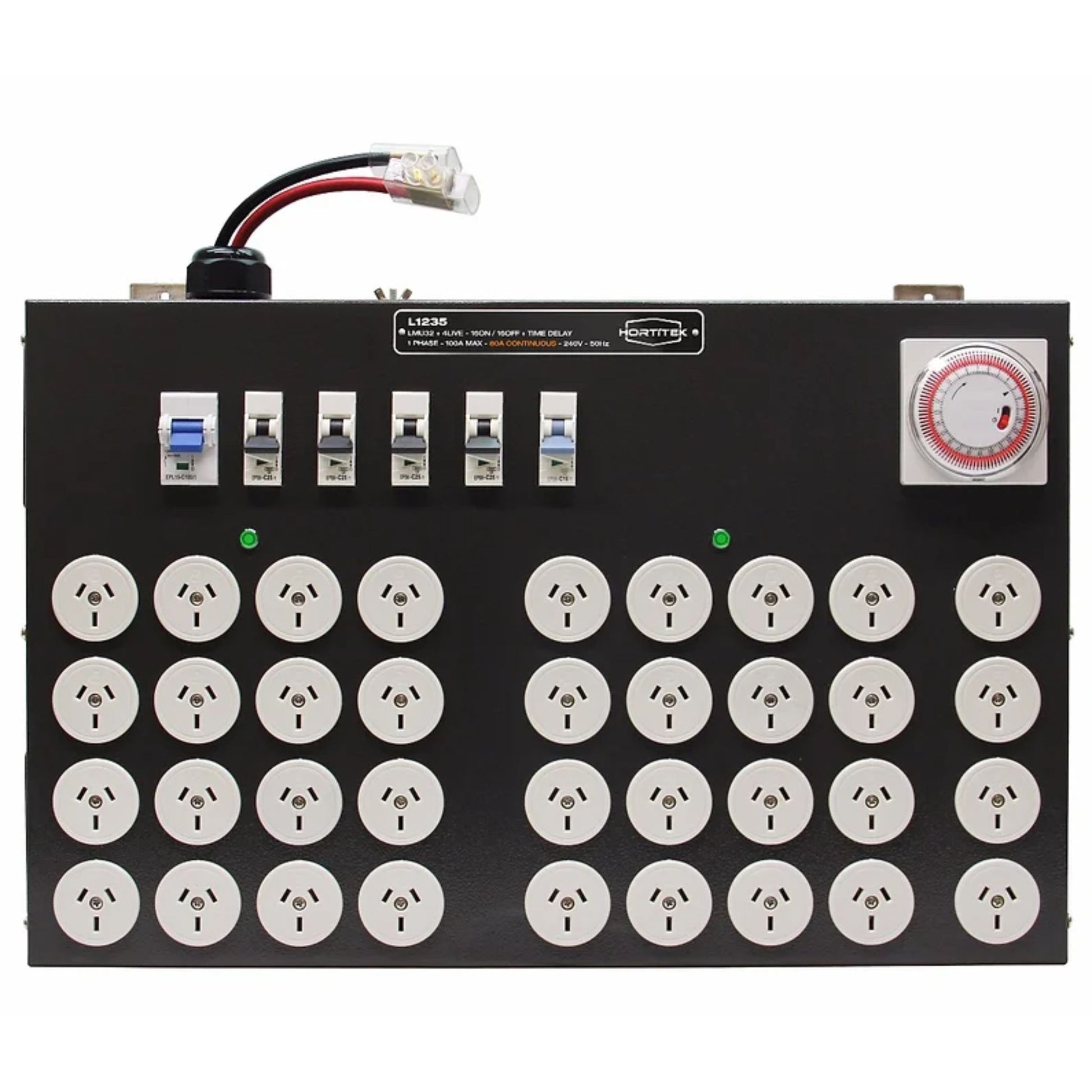 Front view of the Hortitek LMU 32 + 4 LIVE, 100A, 1-Phase grow room light management unit, displaying 32 Australian/New Zealand standard three-pin outlets, a built-in mechanical timer, and multiple high-amperage circuit breakers for comprehensive automated lighting control
