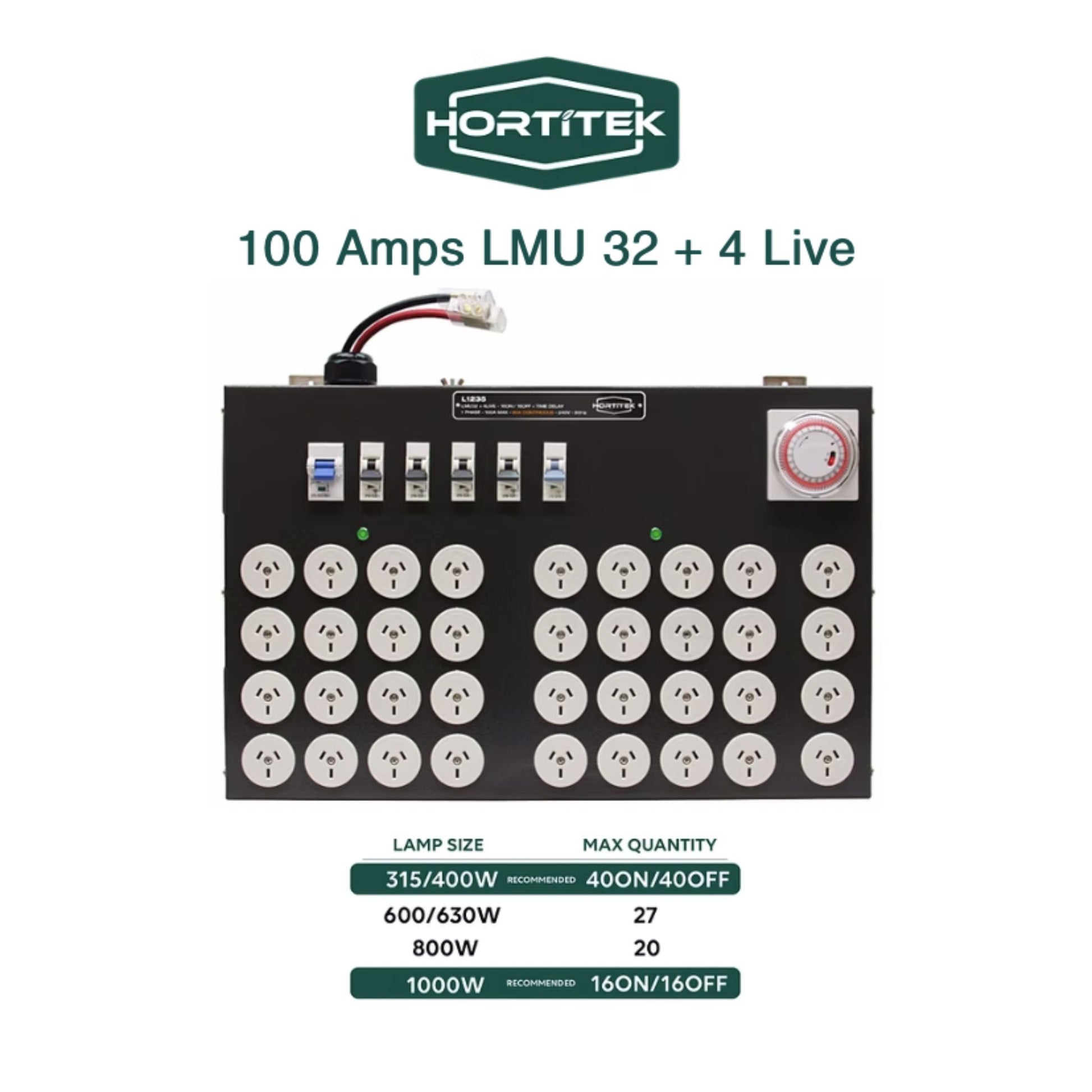 Front view of the Hortitek LMU 32 + 4 LIVE, 100A, 1-Phase light management unit, displaying a table of recommended maximum quantities for 315W, 400W, 600W, 630W, 800W, and 1000W grow lights, with 16 ON/16 OFF or 32 ON configurations for very large New Zealand grow rooms