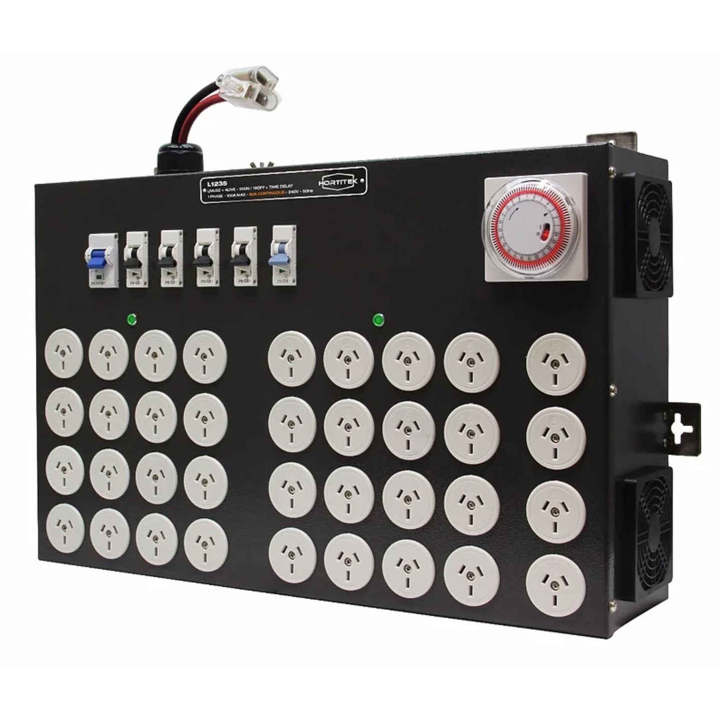 Three-quarter view of the Hortitek LMU 32 + 4 LIVE, 100A, 1-Phase power distribution panel with Time Delay, featuring industrial-grade power input, dual cooling fans, and 32 individual Australian/New Zealand standard electrical outlets for large-scale horticultural facilities