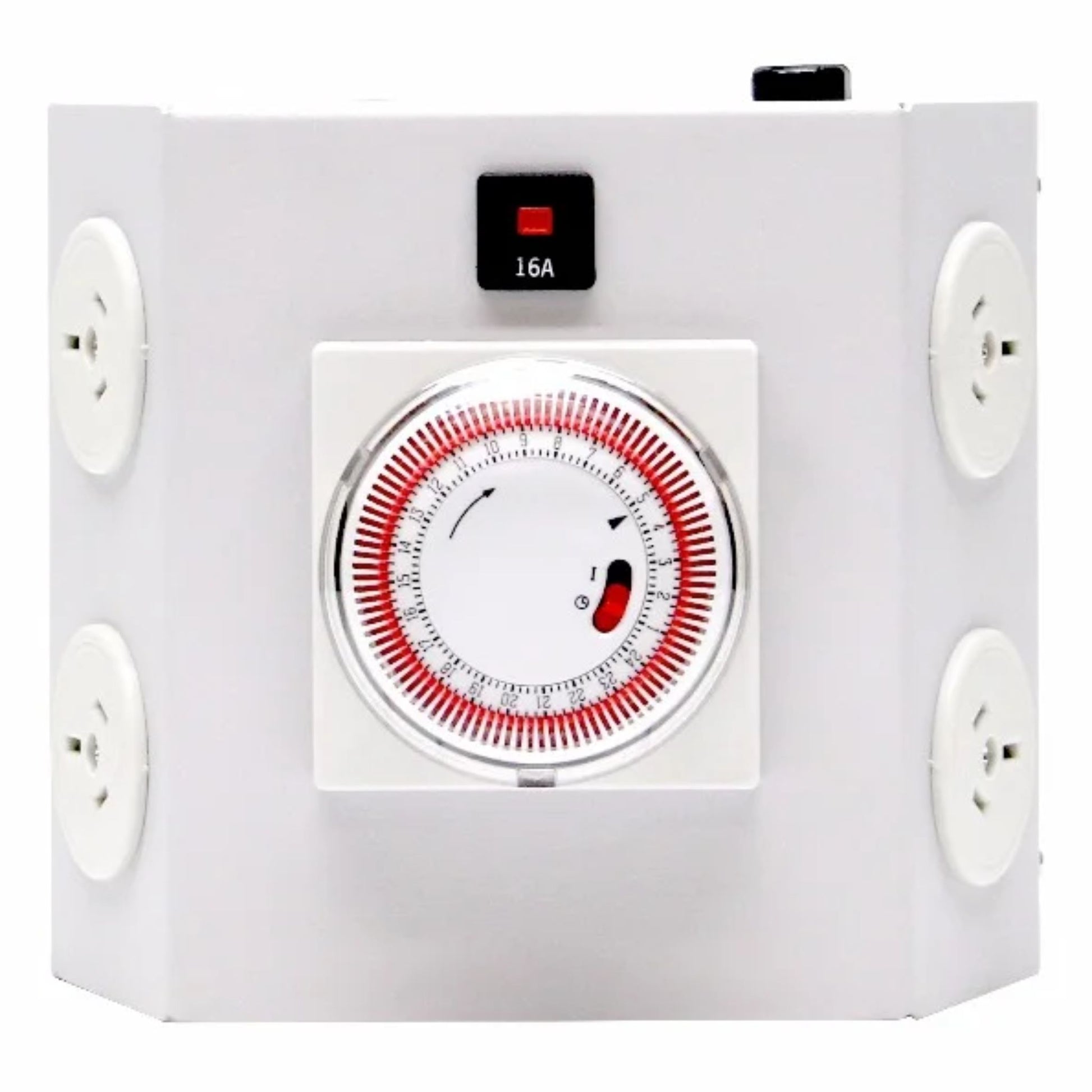 Front view of the Hortitek LMU 4, a compact 4-outlet light management unit with a built-in mechanical timer and 16A circuit breaker, ideal for automating grow lights in smaller New Zealand setups