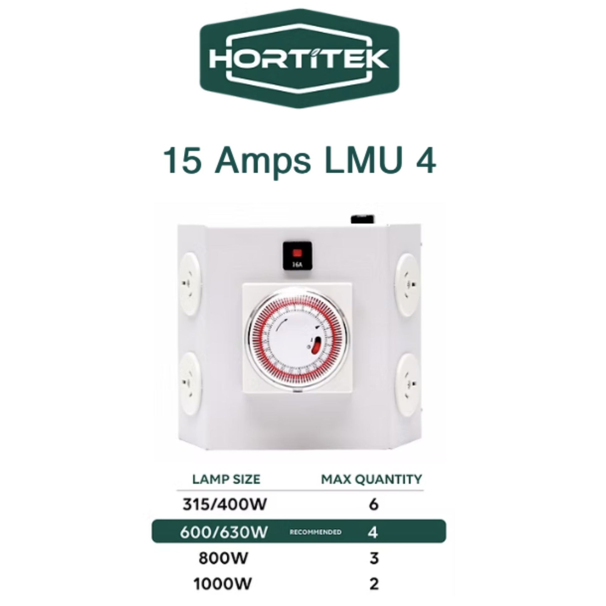 Front view of the Hortitek 15 Amps LMU 4, a 4-outlet light management unit with a built-in timer, displaying a table of recommended maximum quantities for 315W, 400W, 600W, 630W, 800W, and 1000W grow lamps, ideal for New Zealand hobby growers