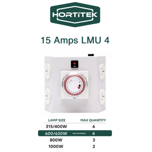 Front view of the Hortitek 15 Amps LMU 4, a 4-outlet light management unit with a built-in timer, displaying a table of recommended maximum quantities for 315W, 400W, 600W, 630W, 800W, and 1000W grow lamps, ideal for New Zealand hobby growers