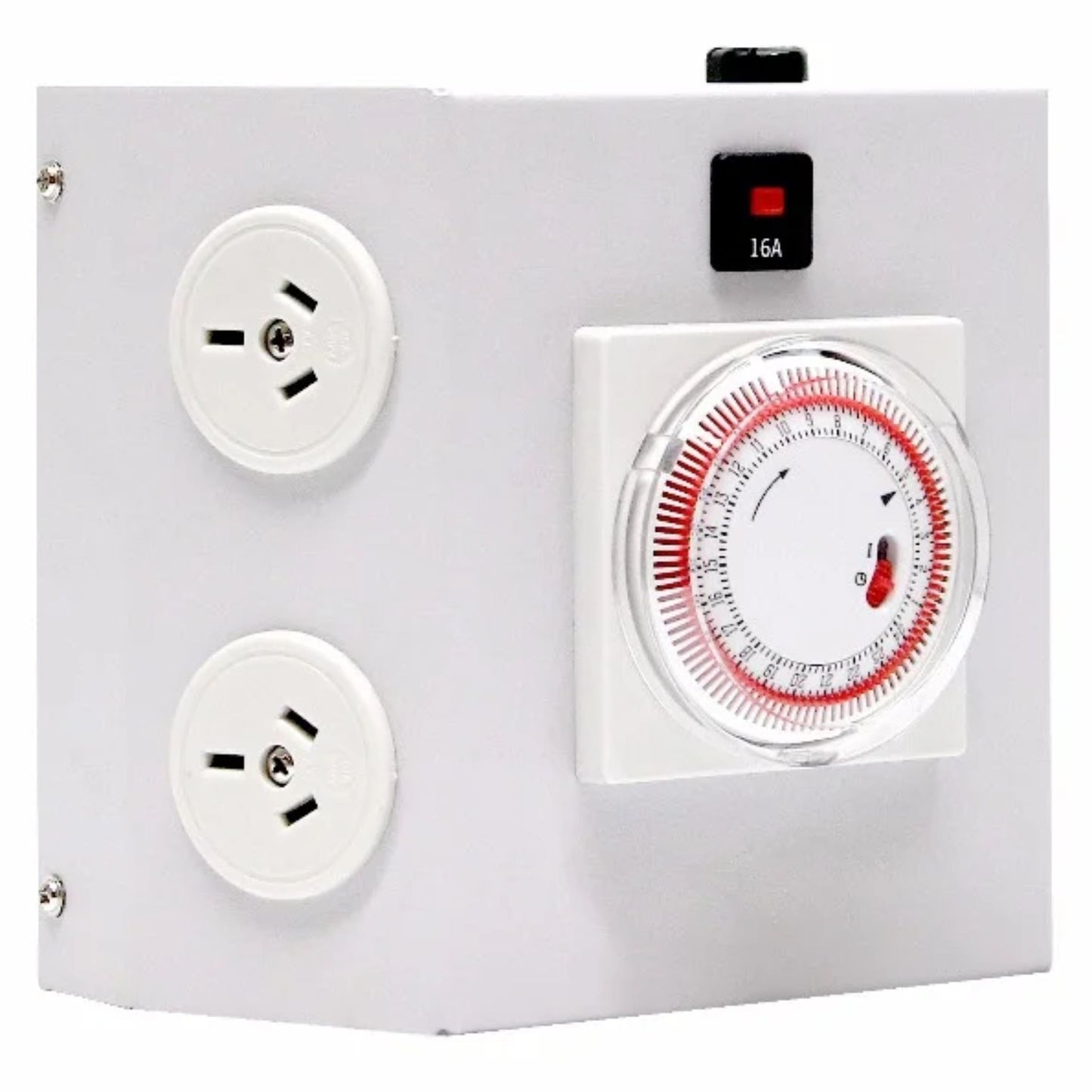 Angled view of the Hortitek 15 Amp LMU 4, a simple and effective horticultural timer with 4 Australian/New Zealand standard electrical outlets and a 16A safety switch, perfect for automating small grow lights