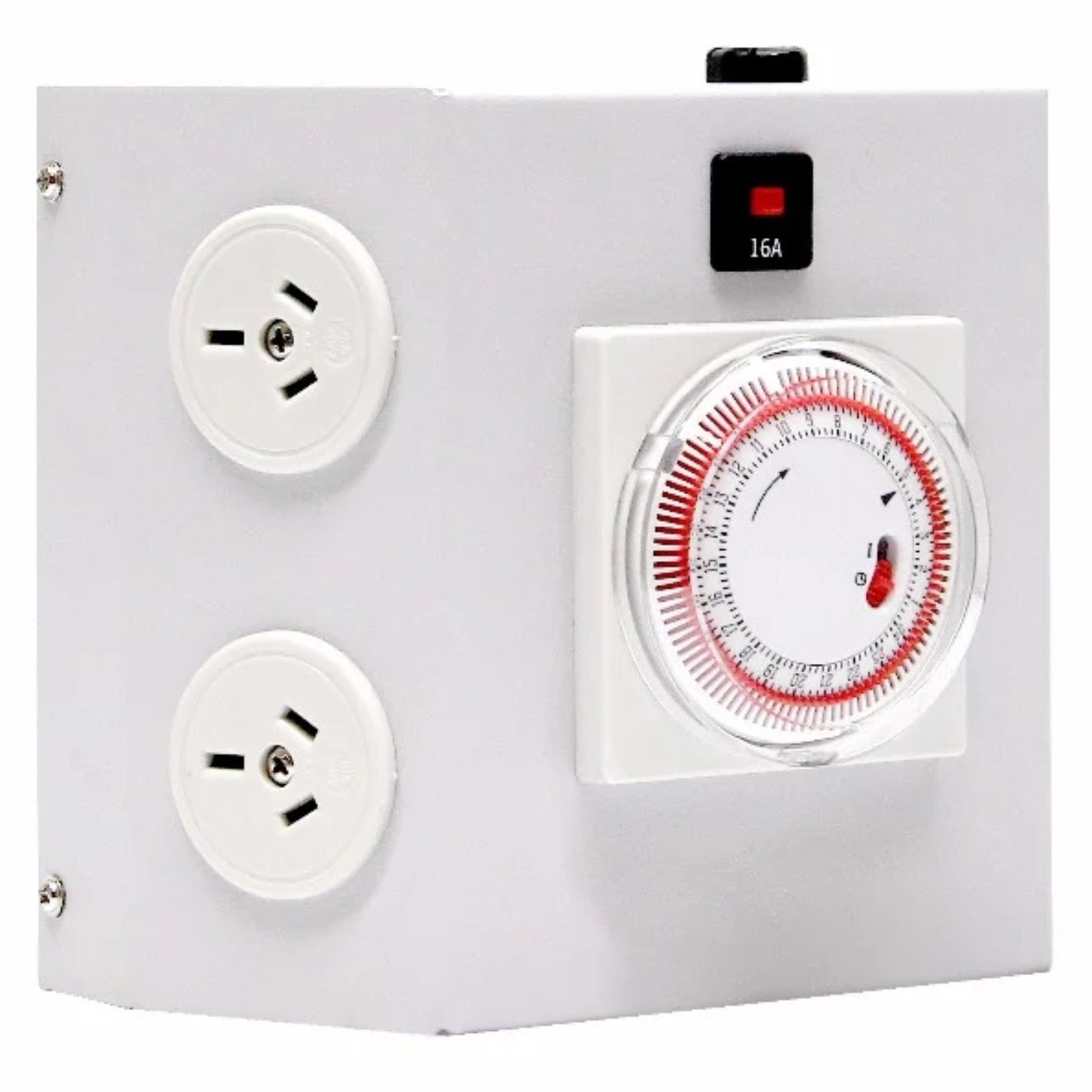 Angled view of the Hortitek 15 Amp LMU 4, a simple and effective horticultural timer with 4 Australian/New Zealand standard electrical outlets and a 16A safety switch, perfect for automating small grow lights