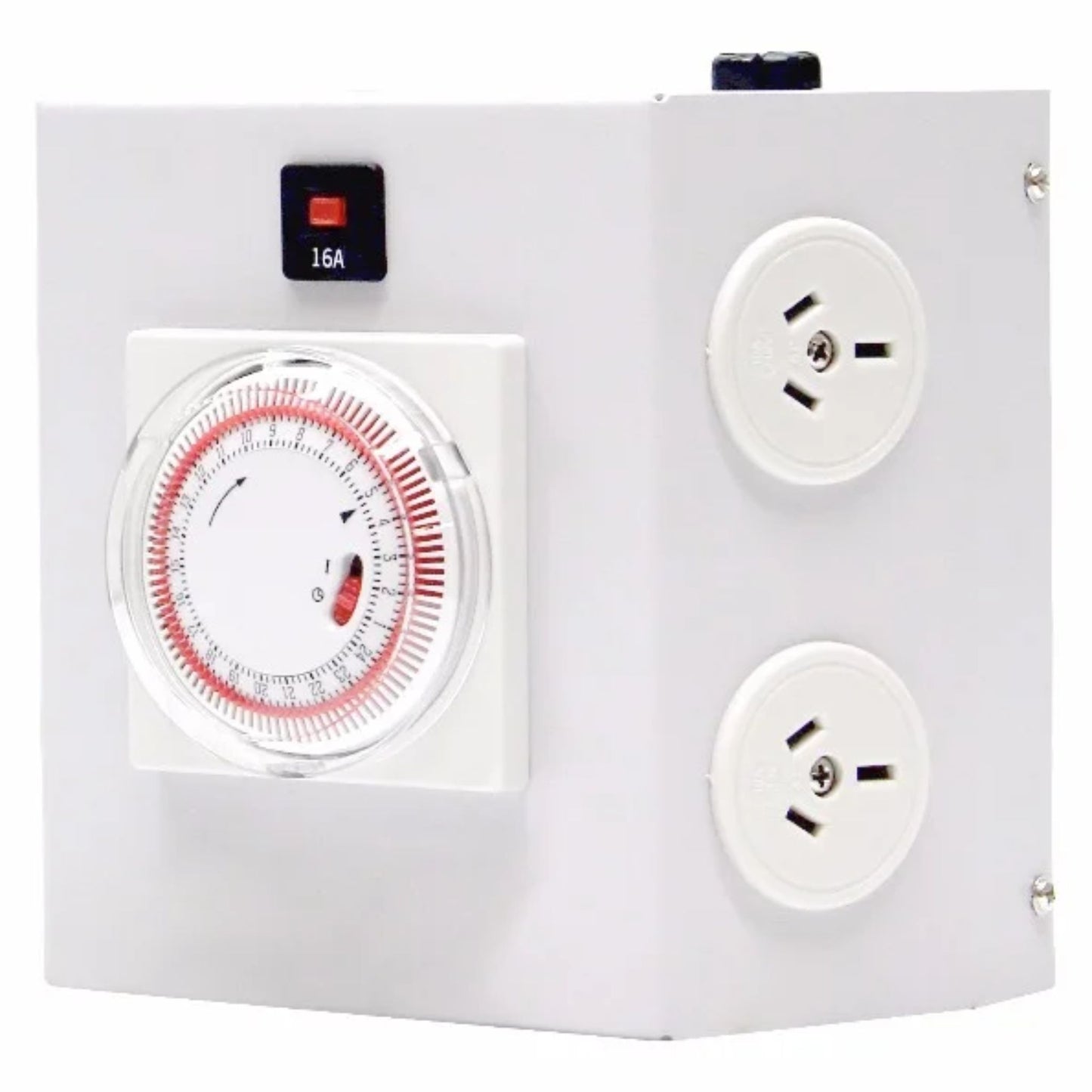 Side view of the Hortitek 15 Amp LMU 4, a robust 4-outlet power relay unit featuring a heavy-duty timer and main circuit breaker, designed for reliable grow light control in New Zealand
